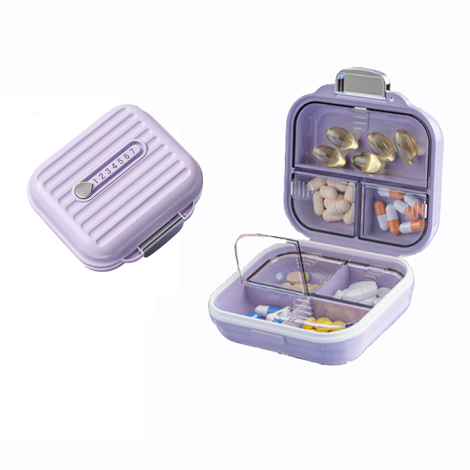 FUYUERO ピルケース、1週間、薬ケース、旅行、サプリケース、ポータブル、防湿、気密、遮光、7つのコンパートメント、ピルケース 携帯用、毎日の薬オーガナイザー、保管ピルコンテナ、（パールホワイト） (小きい 紫)