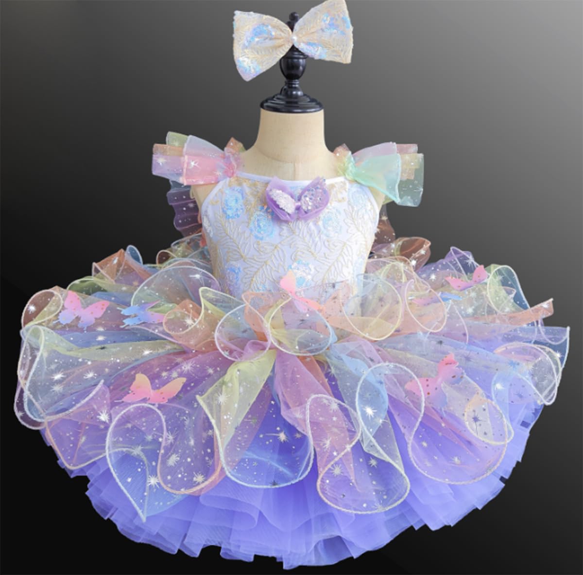 Ballerina-Kostüm für Mädchen, Tüll-Tutu, Ballett-Wettbewerbskleid | Tutu Kinderkostüm Kleiner Schwan mit Rüschenärmeln Spitze Stickerei und Pailletten