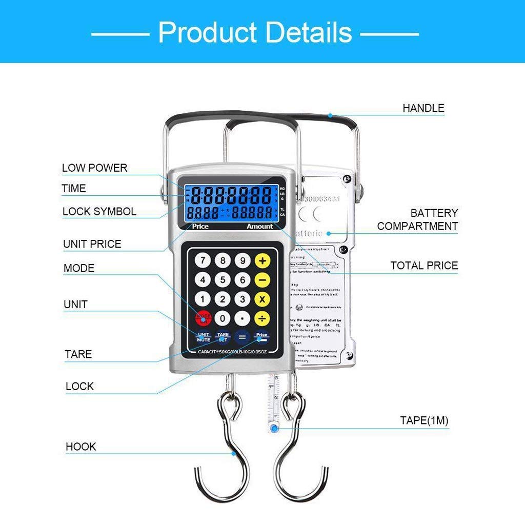Bilance da cucina, bilance da pesca digitali, bilancia per bagagli LCD retroilluminata da 50 kg/110 libbre con funzione di calcolo del gancio Misuratore di nastro Scala dei prezzi multifunzione