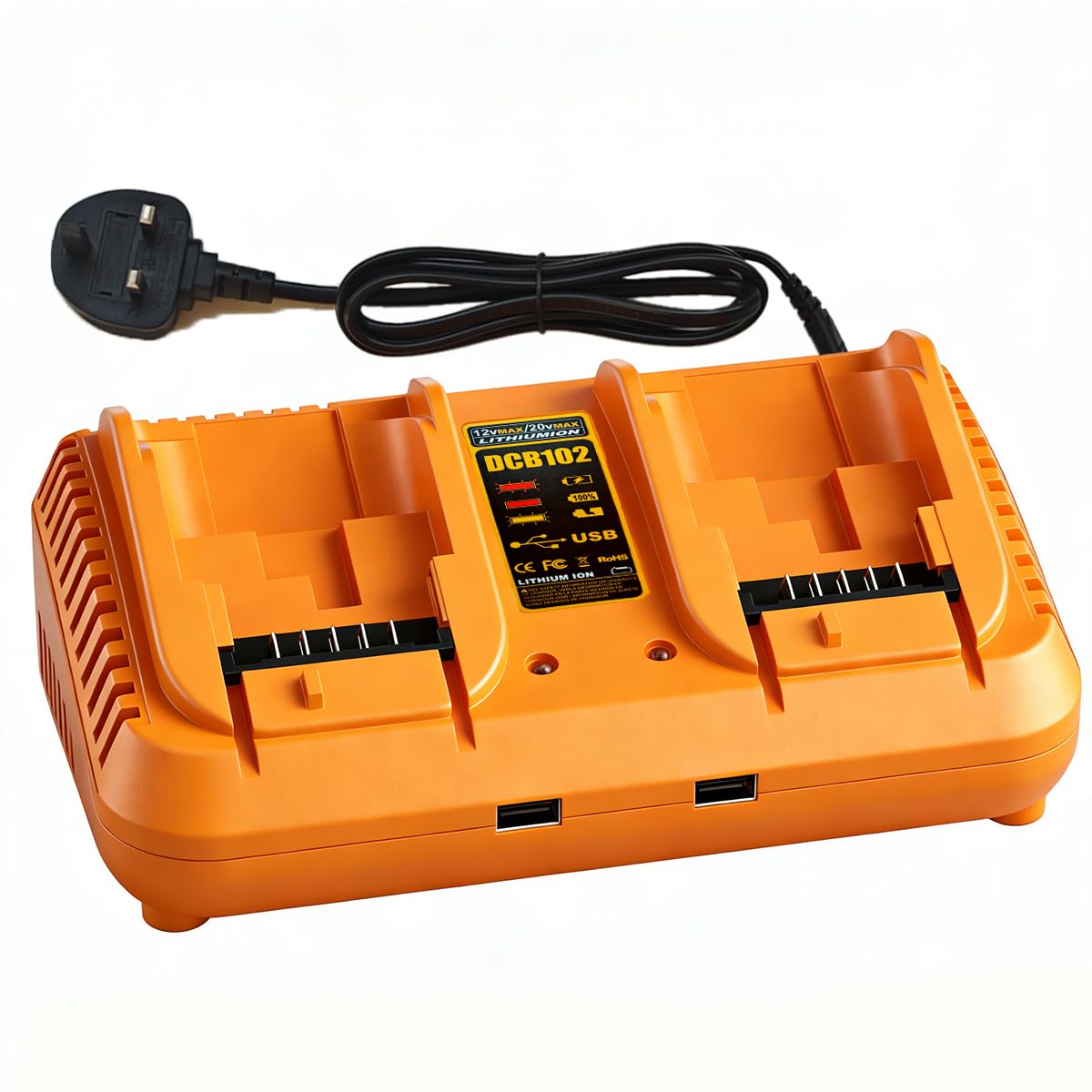 Battery Charger Replacement for Dewalt 12V-18V Battery, 2 Ports Fast Charger Compatible with Dewalt DCB Series Tools Lithium Battery, Compatible with DCB203 204 206 201 120 127 with 2 USB Ports