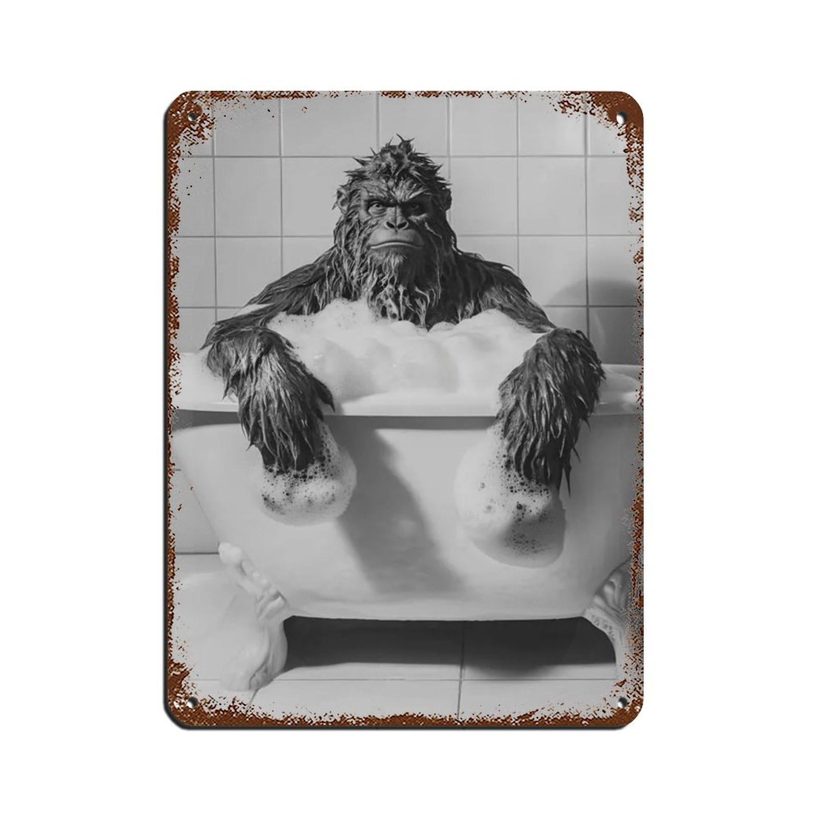Sasquatch in The Bathtub, Cute Bathroom Art Tin Sign Vintage Metal Pub Club Cafe Bar Home Wall Art Decoration Poster Retro 12x16inch(30x40cm)