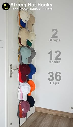 Miniatura 2 de Estante organizador de sombreros para gorras de béisbol hasta 36 sombreros Almacenamiento de exhibición de sombreros sobre la puertaarmariopared,