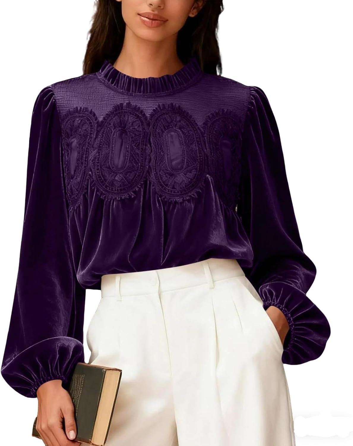 Women's Lace Velvet Blouse Crewneck Puff Long Sleeve Velvet Tops for Women Elegant Pullover Shirts Fashion Causal Tshirts