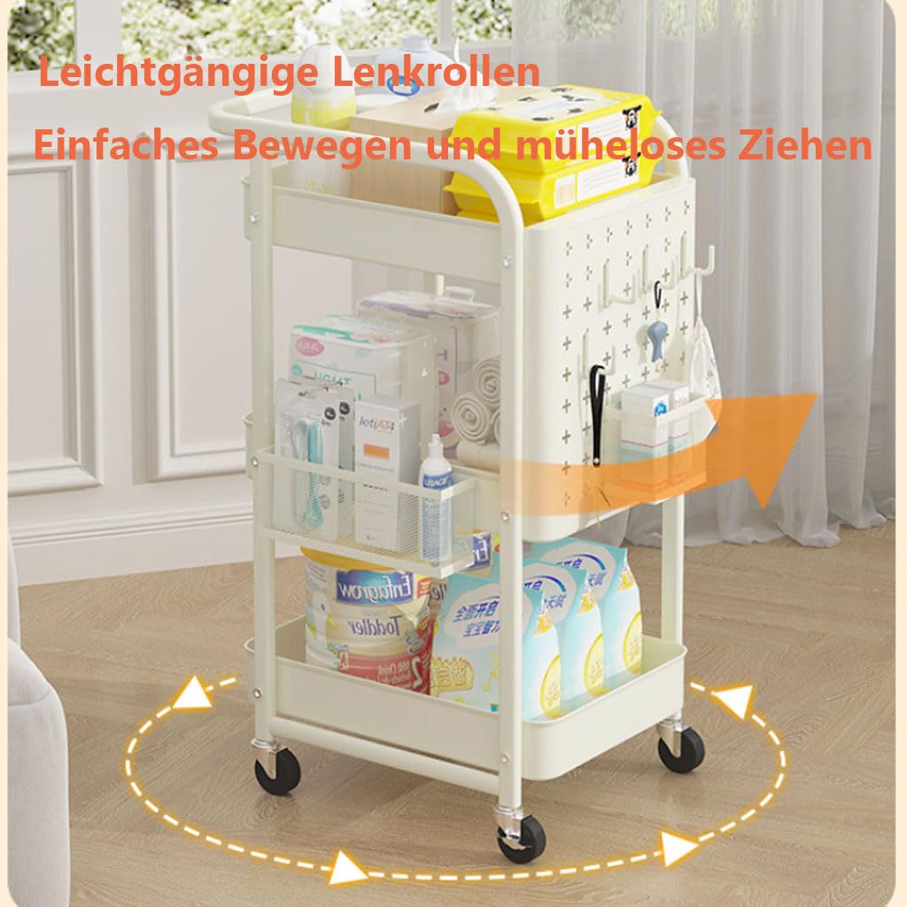 Servierwagen Mit Rollen Und Haken, 3-Tier Bastelwagen Für Küche, Multifunktionaler Rollwagen Schmal Für Haushaltsartikel Lebensmittel Und Bürozubehör,Beige