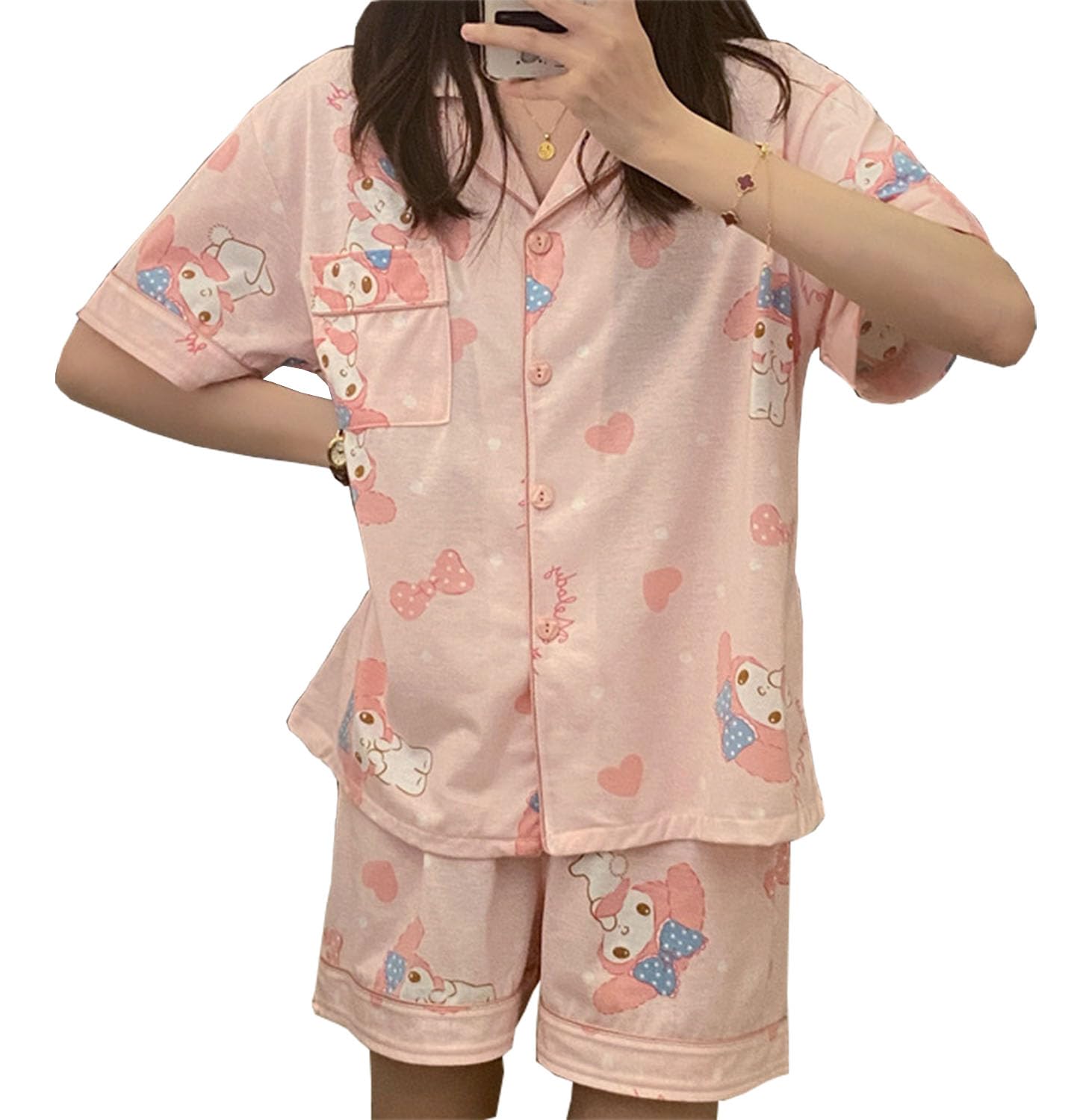 WANHONGYUEKawaii Cartoon Pajamas for Women Girls Sleepwear Loungewear Short Sleeve Shirt with Shorts 2 Piece Pajama Sets