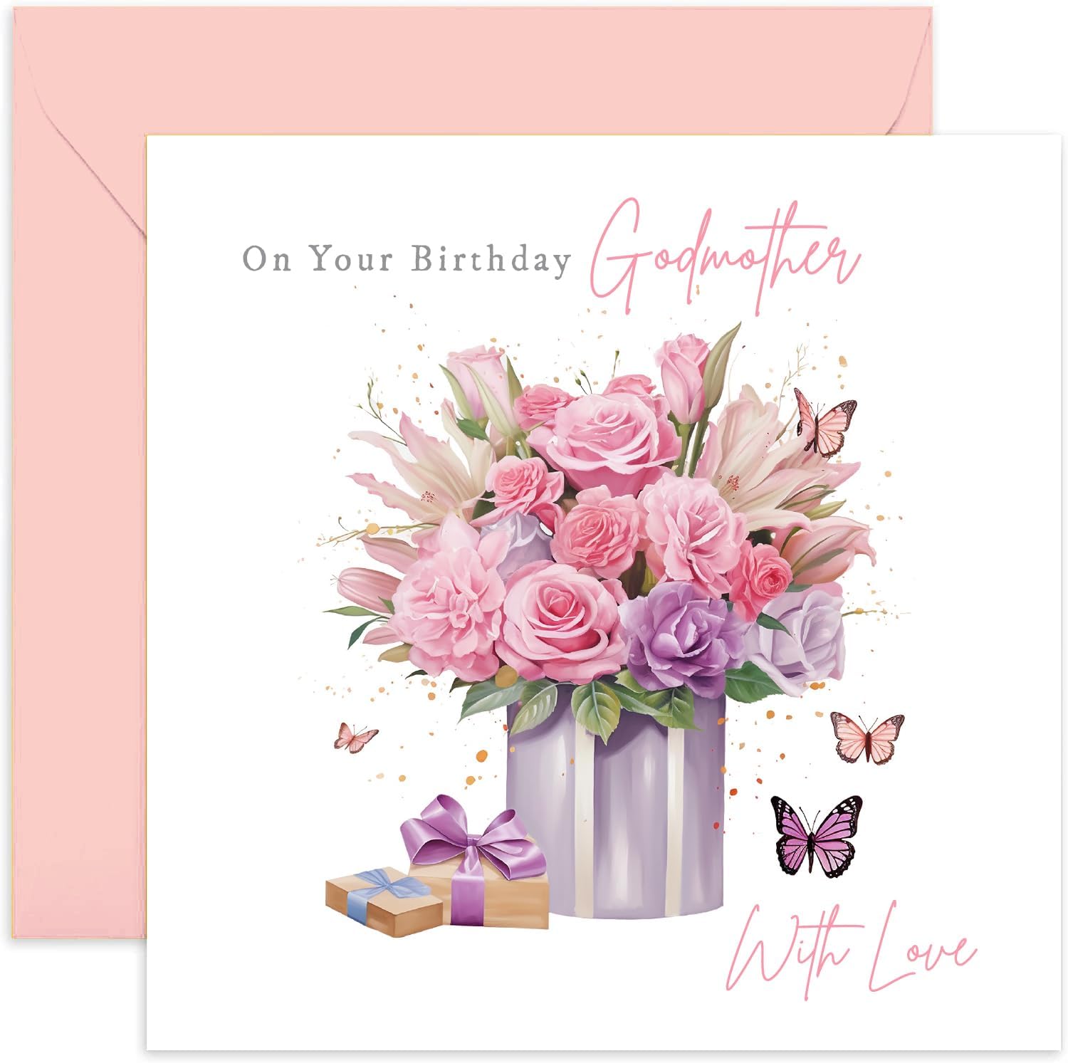 Old English Co. Godmother Birthday Card Floral - Bouquet Birthday Card for Her - Pretty Greeting Cards For Women - Butterflies and Flowers - Gifts For