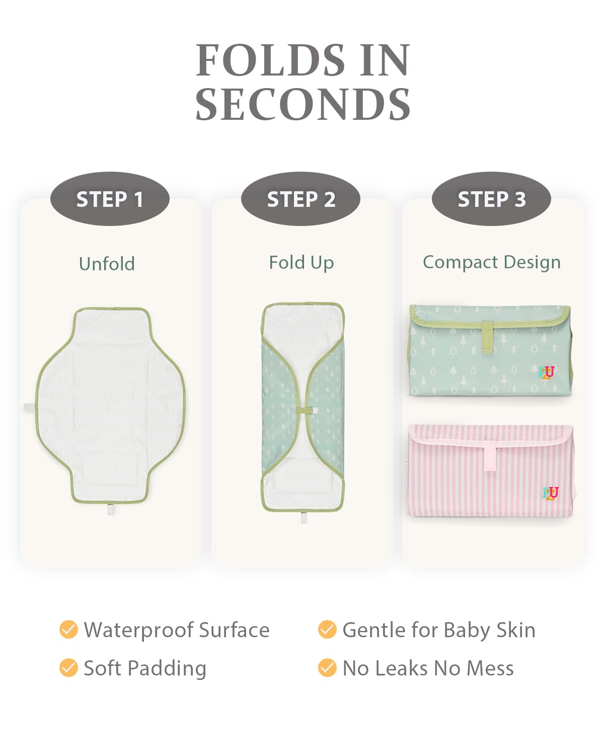 PZU 2 Pack Portable Diaper Changing Pad - Waterproof Travel Changing Mat with Built-in Pillow, Gifts for Baby Shower, Newborn Girls & Boys (Pink Stripes, Green Forest)