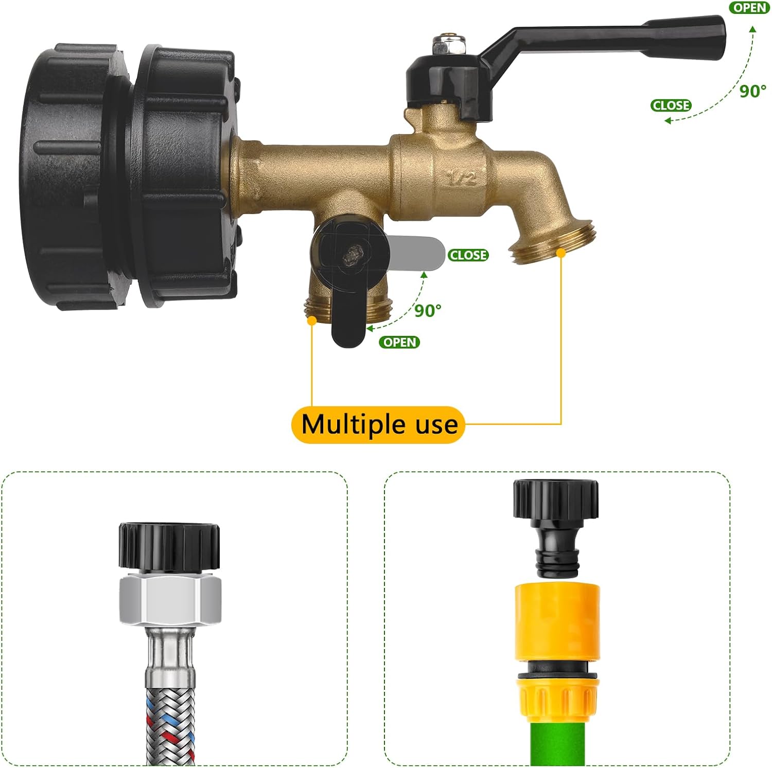 Double Outlet IBC Tote Adapter IBC Tote Fittings 275-330 Gallon IBC Tote To Garden Hose Adapter with 2.44" Fine Thread Water Tote Valve Water Tote Tank Hose Adapter (2 Outlets)