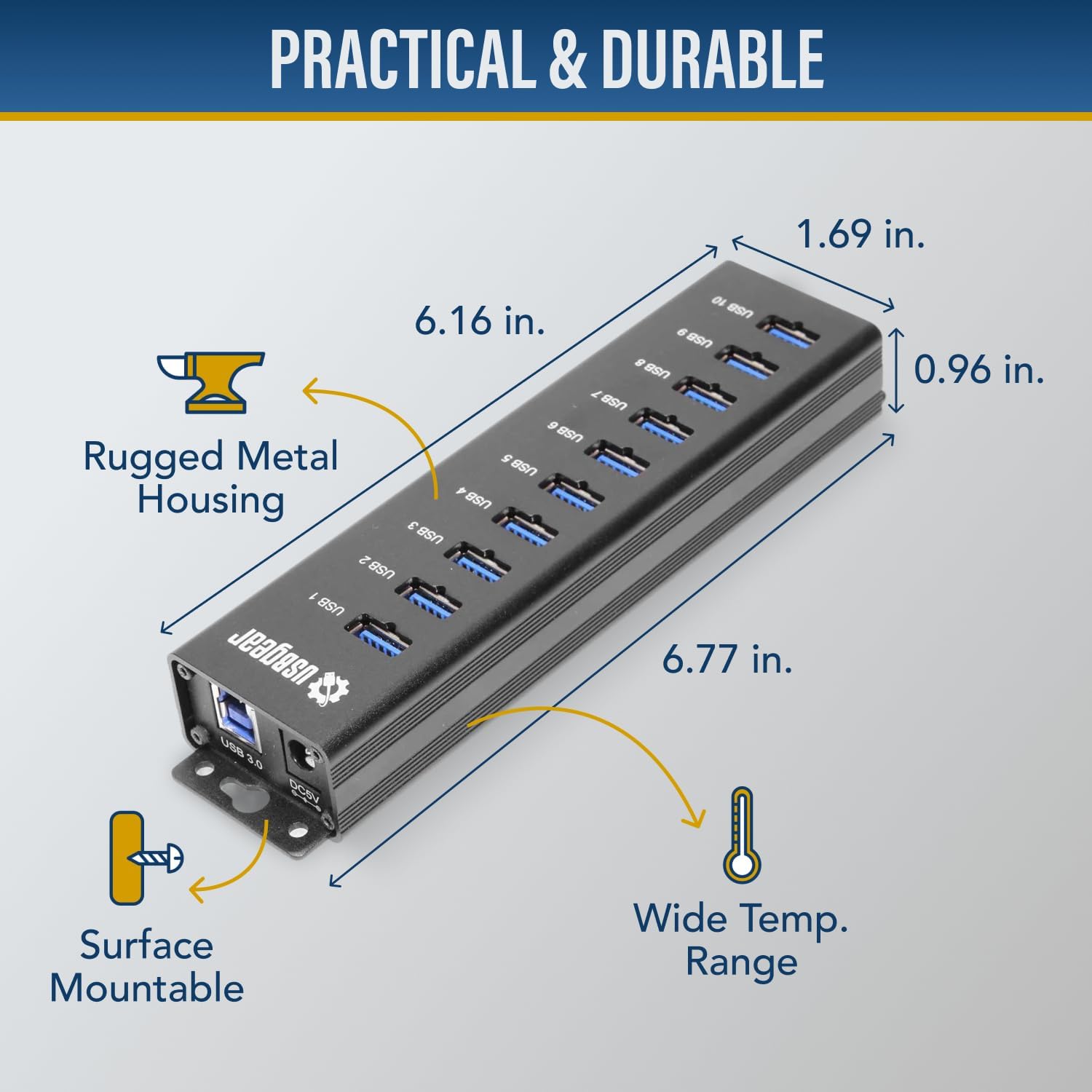USBGear 10-Port USB Hub 3.2 Gen 1 – Mountable SuperSpeed Data Hub with USB Ports for Laptop, PC, Desktop, and More, 5V/4A Power Adapter with Type-A to Type-B Cable (3ft), Computer Accessories