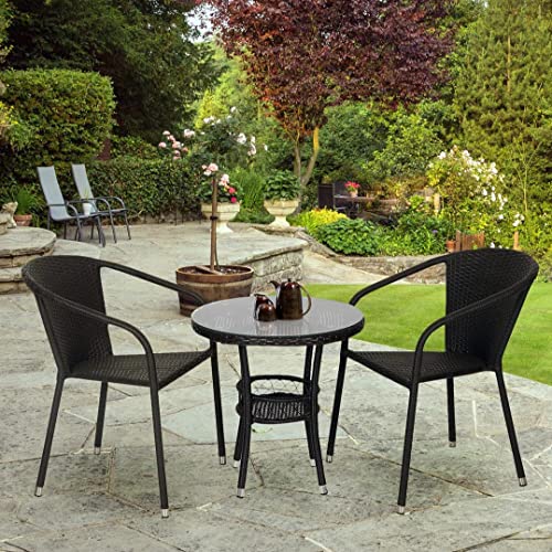 Image of OUTLIVING Garden Patio Seating Chair and Table Set with Glass Balcony Outdoor Furniture with 1 Tables and 2 Chair Set (Black)