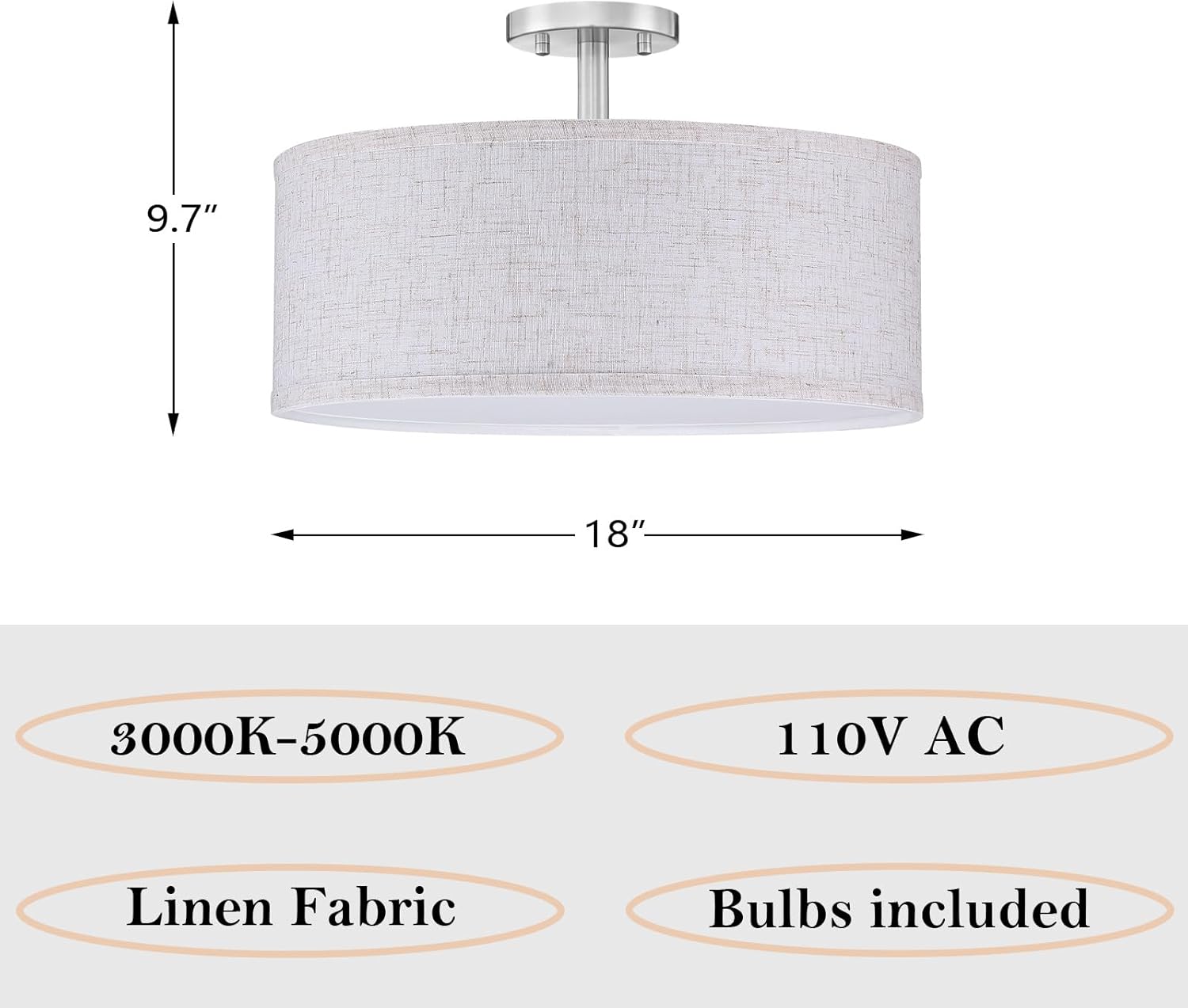 LED 24W Adjustable 3000/4000/5000K 18 Inch Drum Lenin Fabric Brushed Nickel Semi Flush Mount Close to Ceiling Light Fixture for Bedroom,Living Room,Dining Room Hallway
