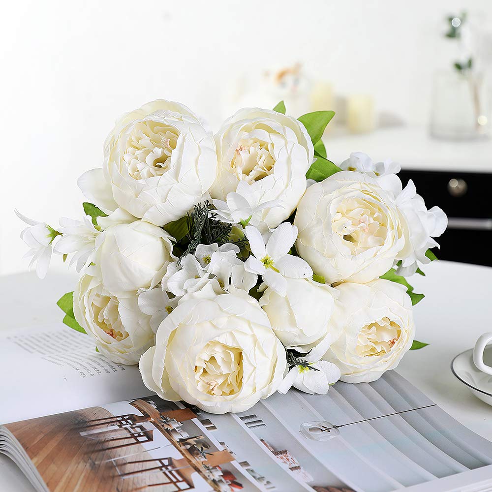 Nubry 2pcs Artificial Peony Silk Flowers Bouquet for Wedding Home Garden Decoration(White)
