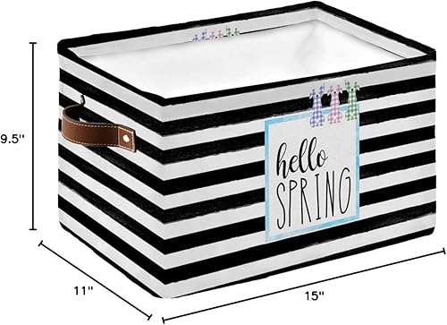 Miniatura 8 de Hello Spring - Cesta de almacenamiento de tela con diseño de conejito para estantes, cubos de almacenamiento de tela a rayas blancas y negras,
