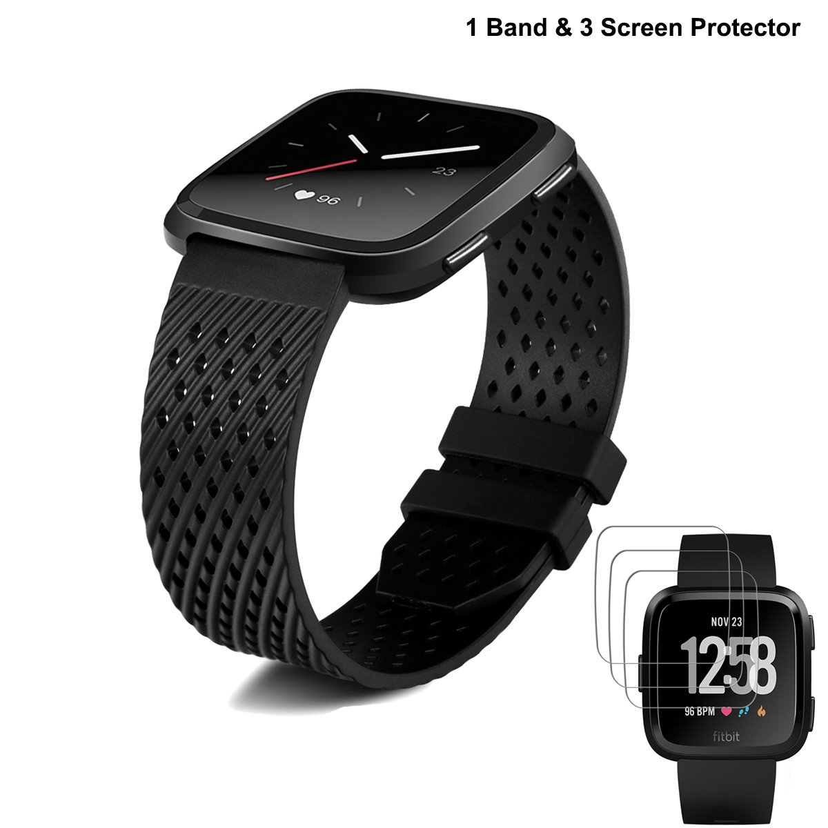 Replacement Black Bands for Fitbit Versa with 3 Pcs Tempered Glass Screen Protector, Wristbands Band for Men and Women (5.5-8.1 Inch)