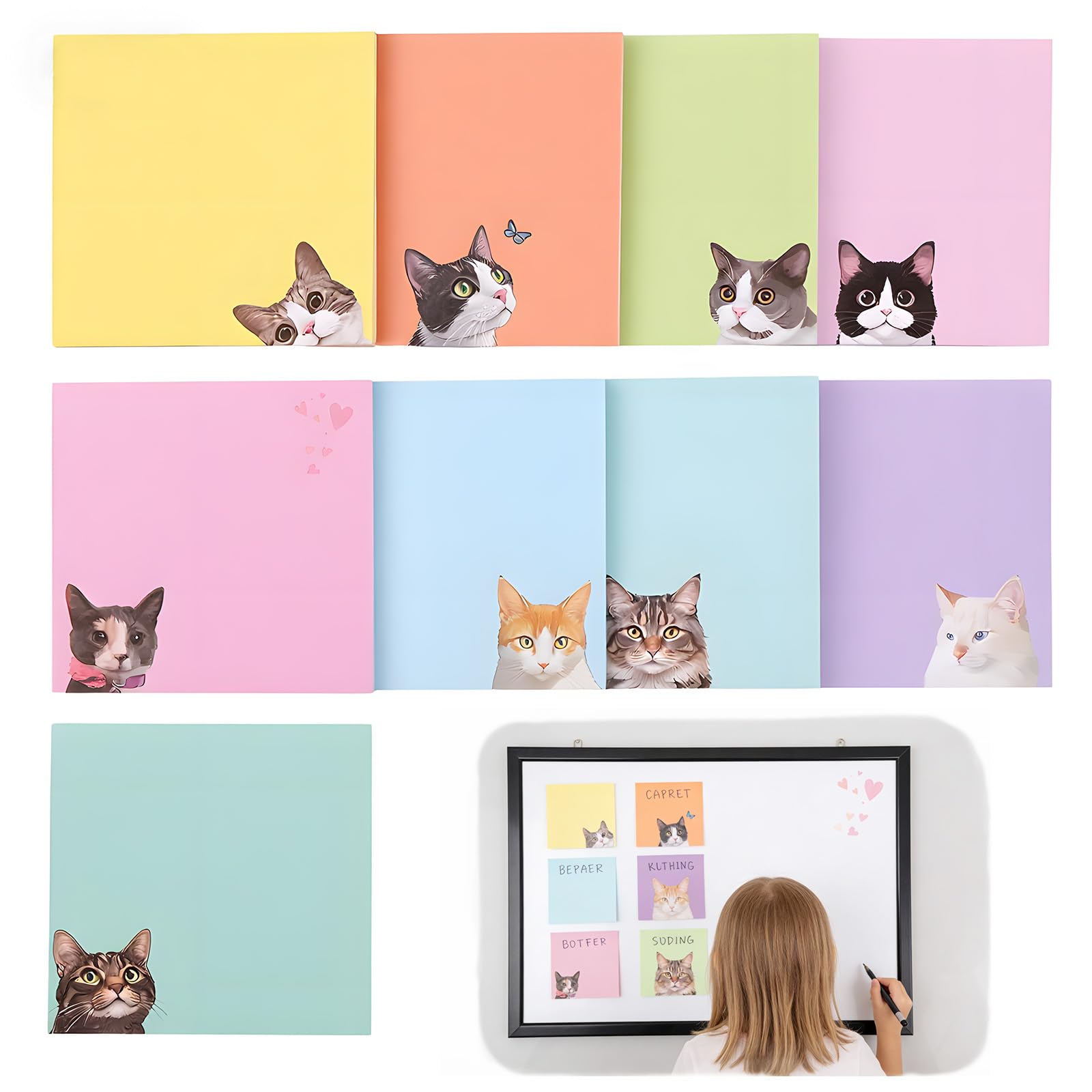 9 Packs Sticky Notes with Cat Motifs 7.6 x 7.6, Essential Sticky Notes for Cat Lovers, for Studying and Office