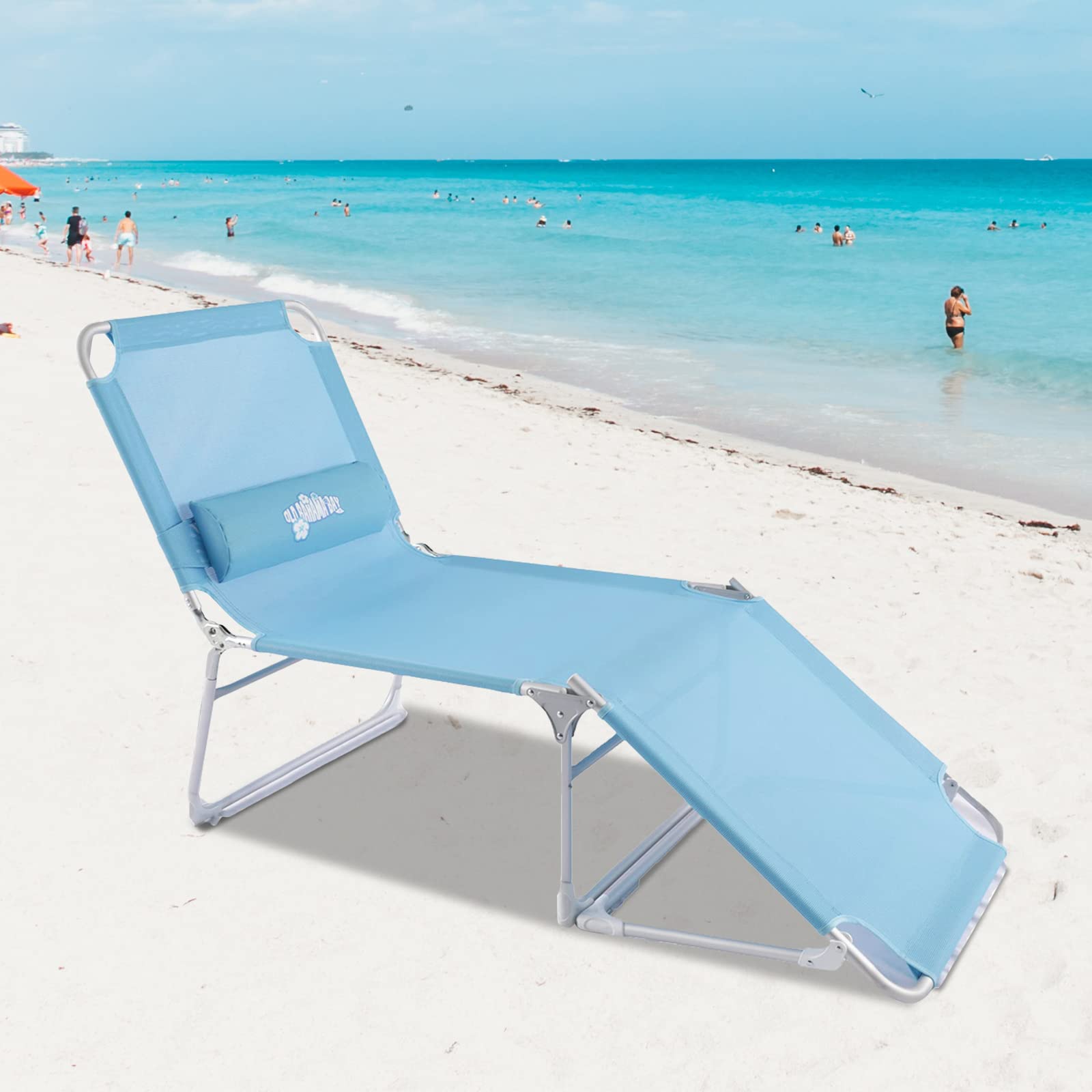 Old Bahama Bay Cot with Pillow 4-Positions Folding Recliner Lounger Bed for Camping/Travel/Beach/Hiking/Patio, Supports 250LBS, Blue