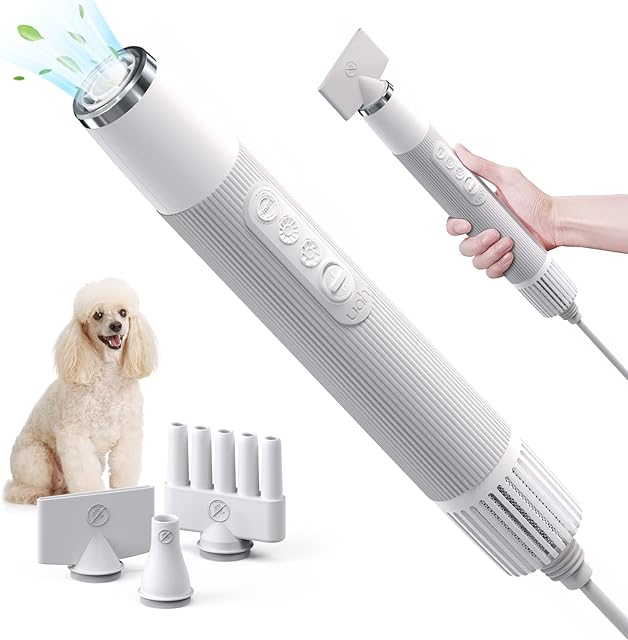 uahpet Dog Hair Dryer, Portable Handheld Pet Dryer Grooming Dog Dryer Less Noise,Dog Blow Dryer with NTC Smart Temperature Control High Velocity and 3 Different Nozzles,for Household Travel Camping
