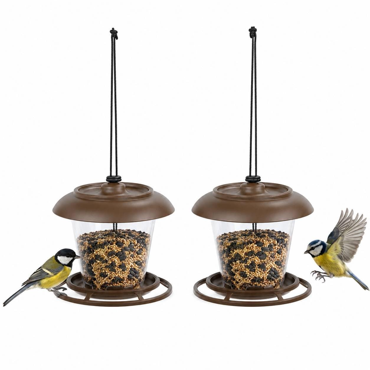 URBNLIVING Hanging Wild Bird Feeder, Clear Gravity Seed & Nut Dispenser with Rain Roof, Plastic Garden Feeding Station for Outdoor Birds - Set of 2