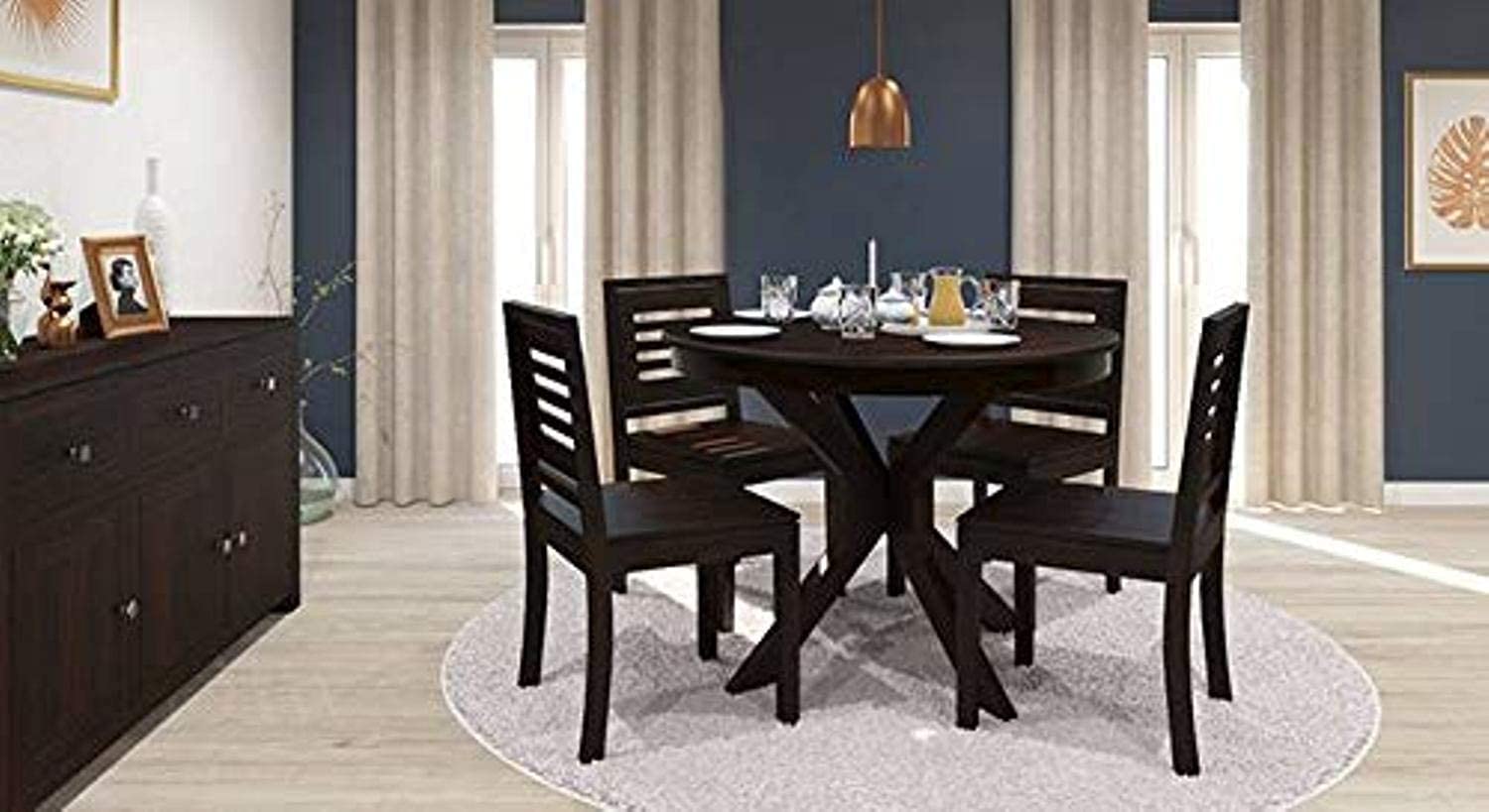 Solid Sheesham Teak Wood Round 4 Seater Dining Table with 4 Chairs Set (Walnut Finish)-image-17