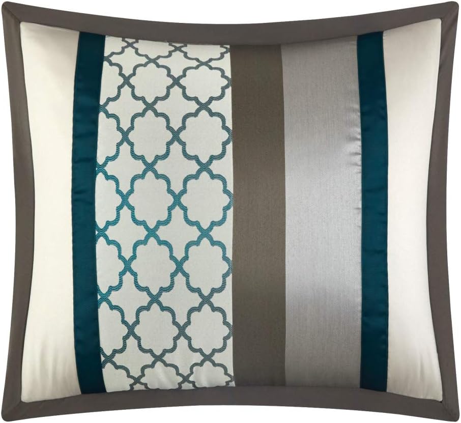 8 Piece Peacock Teal Gray Jacquard Weave Comforter Cal King California Set, Blue Grey Pintuck Puckered Bedding Geometric Bed in A Bag for Master Bedroom Casual Colorful Comfortable, Polyester