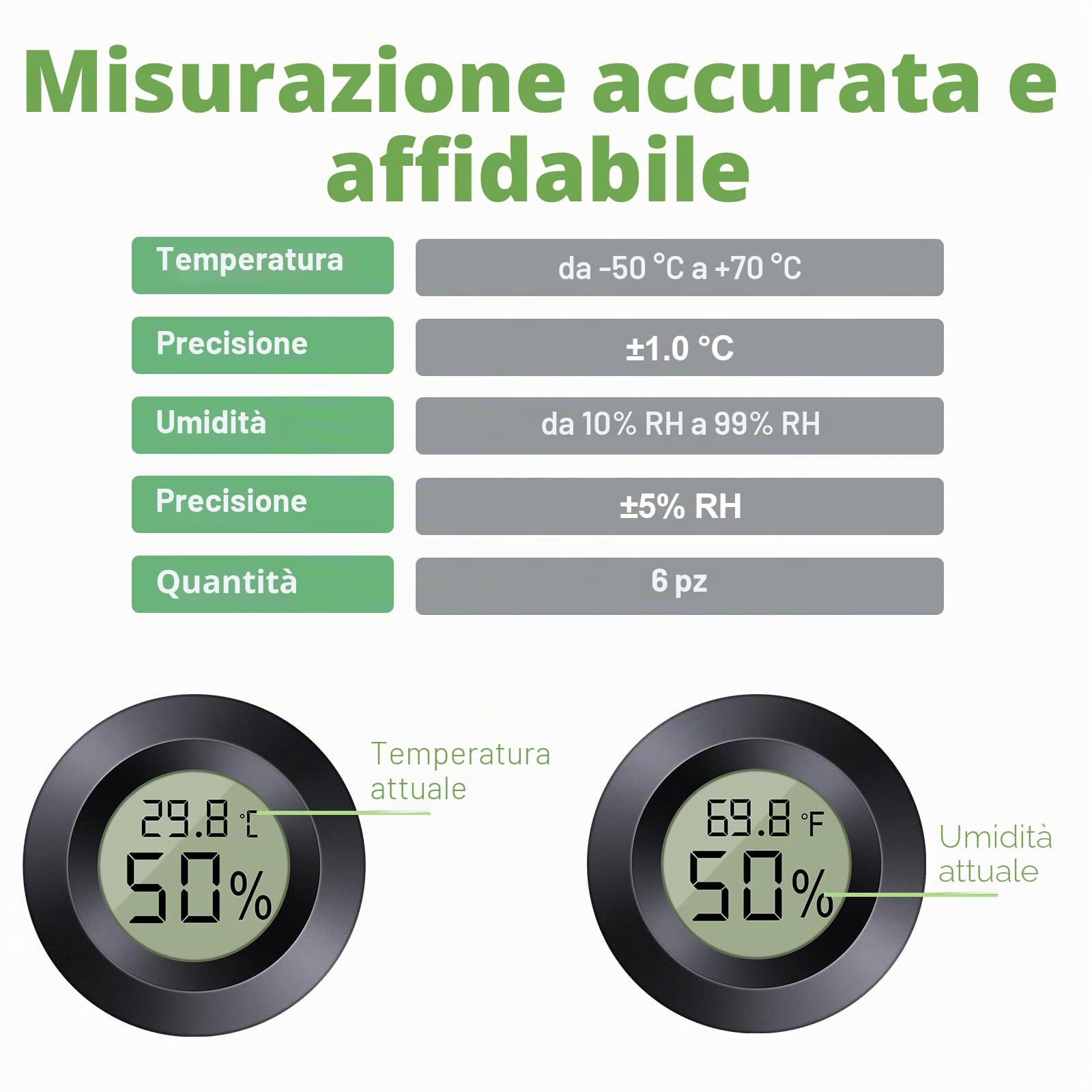 Mini Termometro Igrometro Digitale, ℃/℉ Regolabile, da Interno, Nero, 6 Pezzi, per Casa e Serra