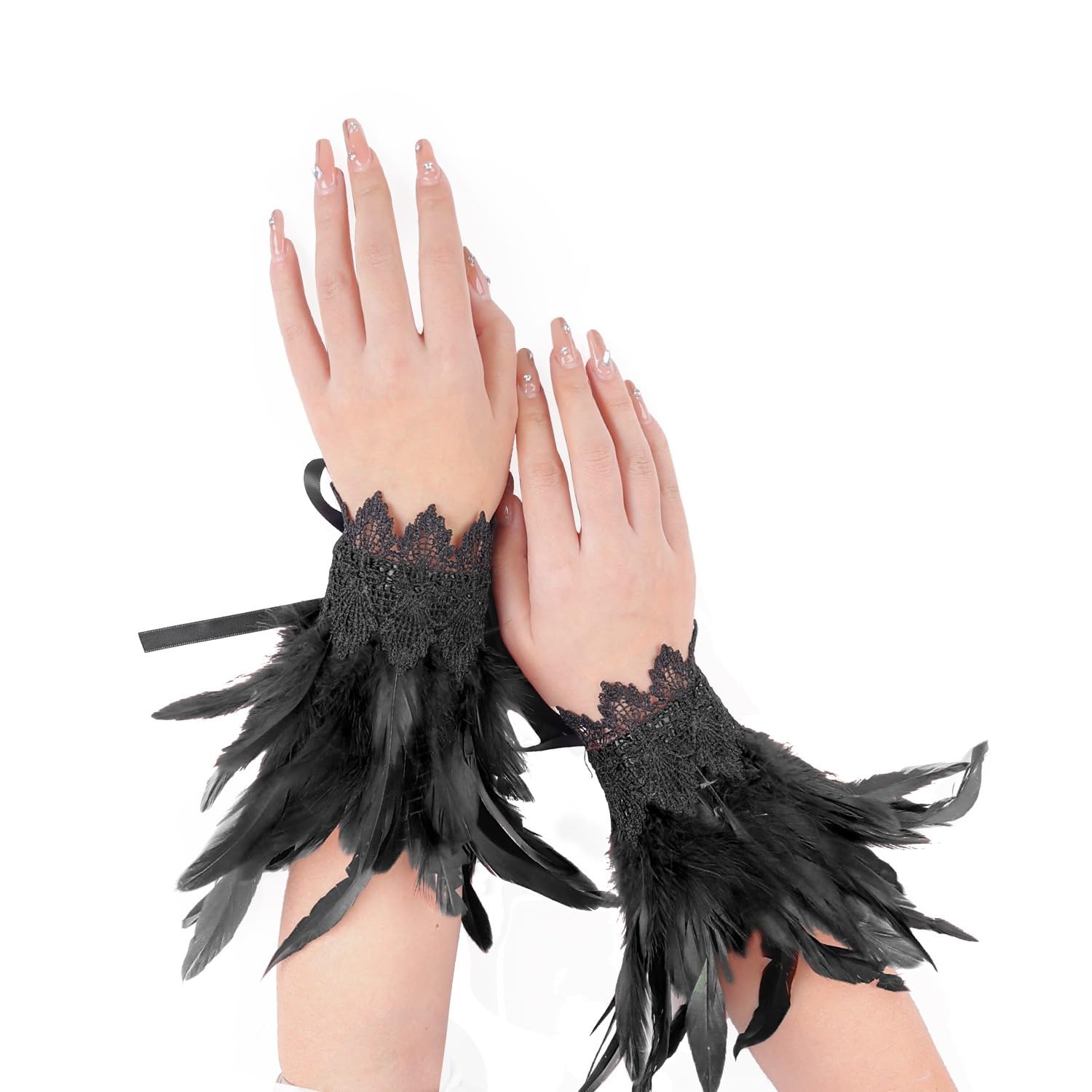 Blausky 1 Pair Feather Bracelets, Feather Bracelet, Lace Fingerless Gloves, Long Feather Gloves - Image 4