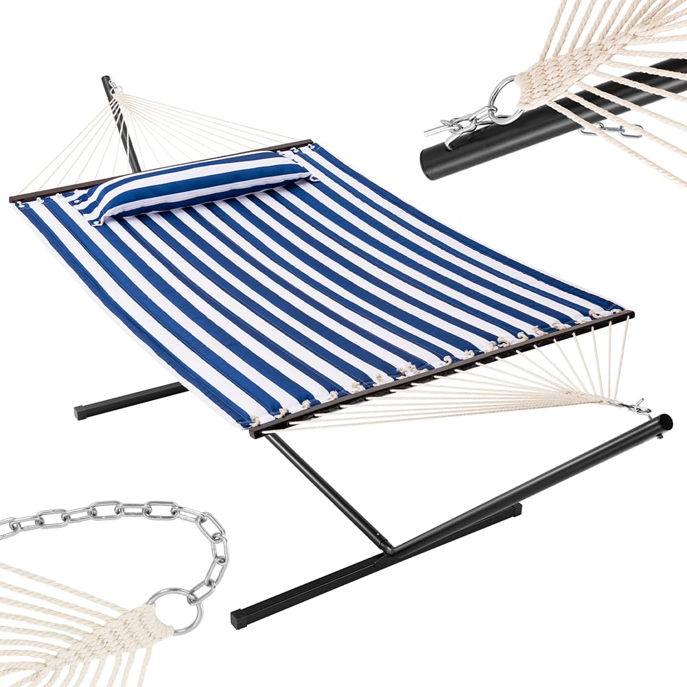 BAKAJI Hamaca de jardín con soporte brasileño y 1 cojín acolchado, marco resistente, estructura de acero, capacidad de carga 200 kg, ideal para exteriores e interiores (azul/blanco)