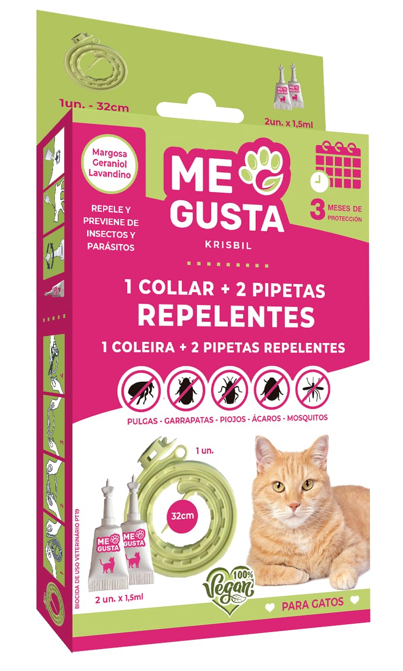 ME Gusta Pack de Collar y Pipetas Repelentes para Gatos | Incluye 1 Collar y 2 pipetas | Repele Todo Tipo de Insectos