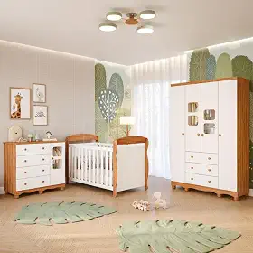 Quarto Bebê Completo Berço Americano Marquesa 3 em 1 Guarda Roupa 4 Portas Cômoda Uli 100% Mdf Móveis Peroba