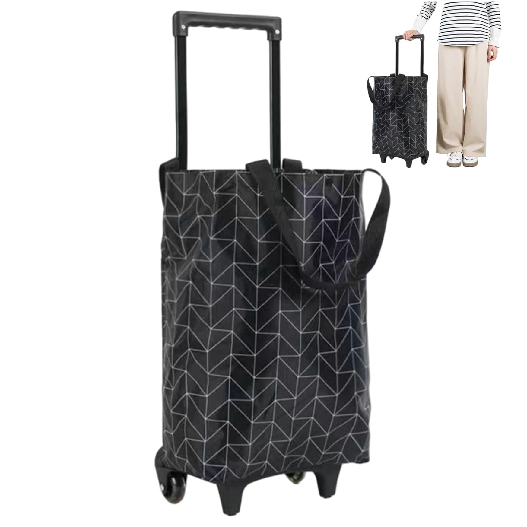 1 -pC -Einkaufstasche auf Rädern, wasserdicht Faltbarer Einkaufswagen, tragbare Wiederverwendbare Trolley -Taschen mit teleskopischem Griff, schwarzes Diamantmuster.