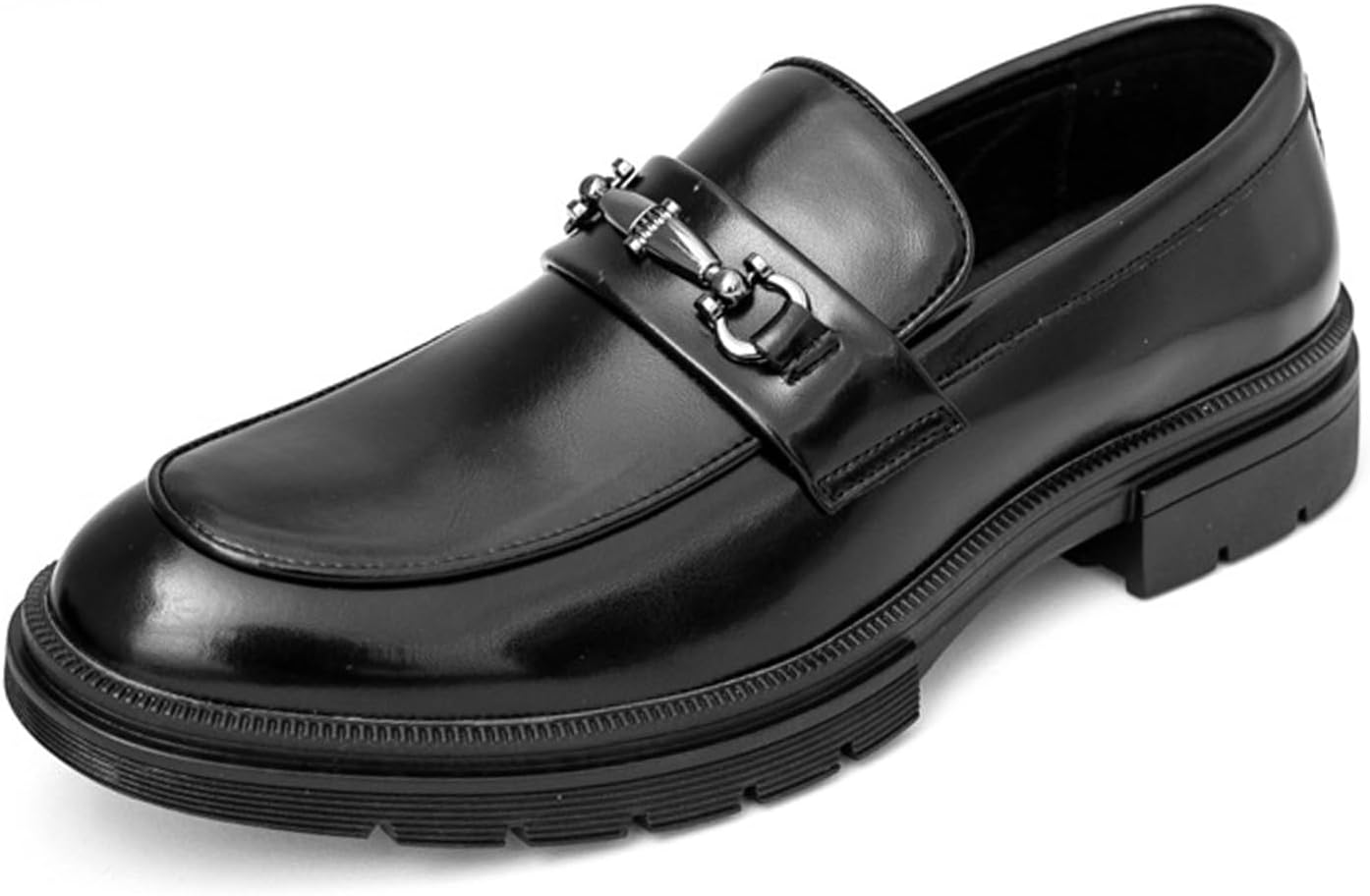 Men's Soft Leather Platform Chunky Penny Loafers, Fashion Metal Chain Business Casual Slip-On Formal Work Shoes