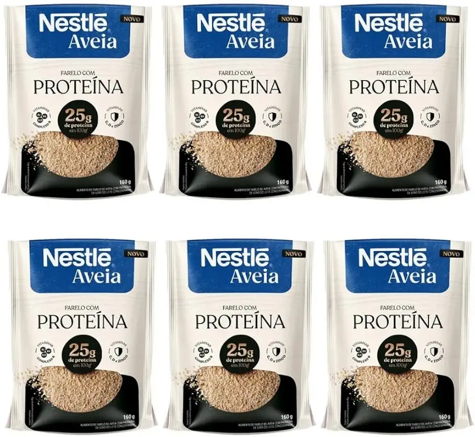 Aveia Farelo com Proteína, 25g de Proteína, Vitaminas do Complexo B, Vitamina C, D e Zinco, 160g, Pack com 6 Unidades