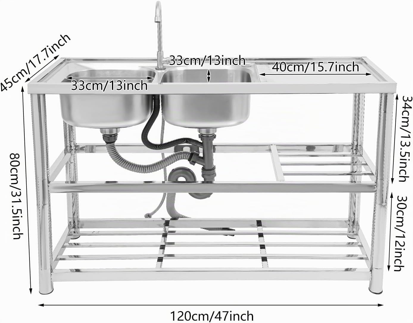 Fregadero de doble fregadero independiente de acero inoxidable con encimera, grifo giratorio de 360°, diseño de 3 niveles, fregadero de acero inoxidable con grifo de 360° (120 x 45 x 80 cm, plateado)