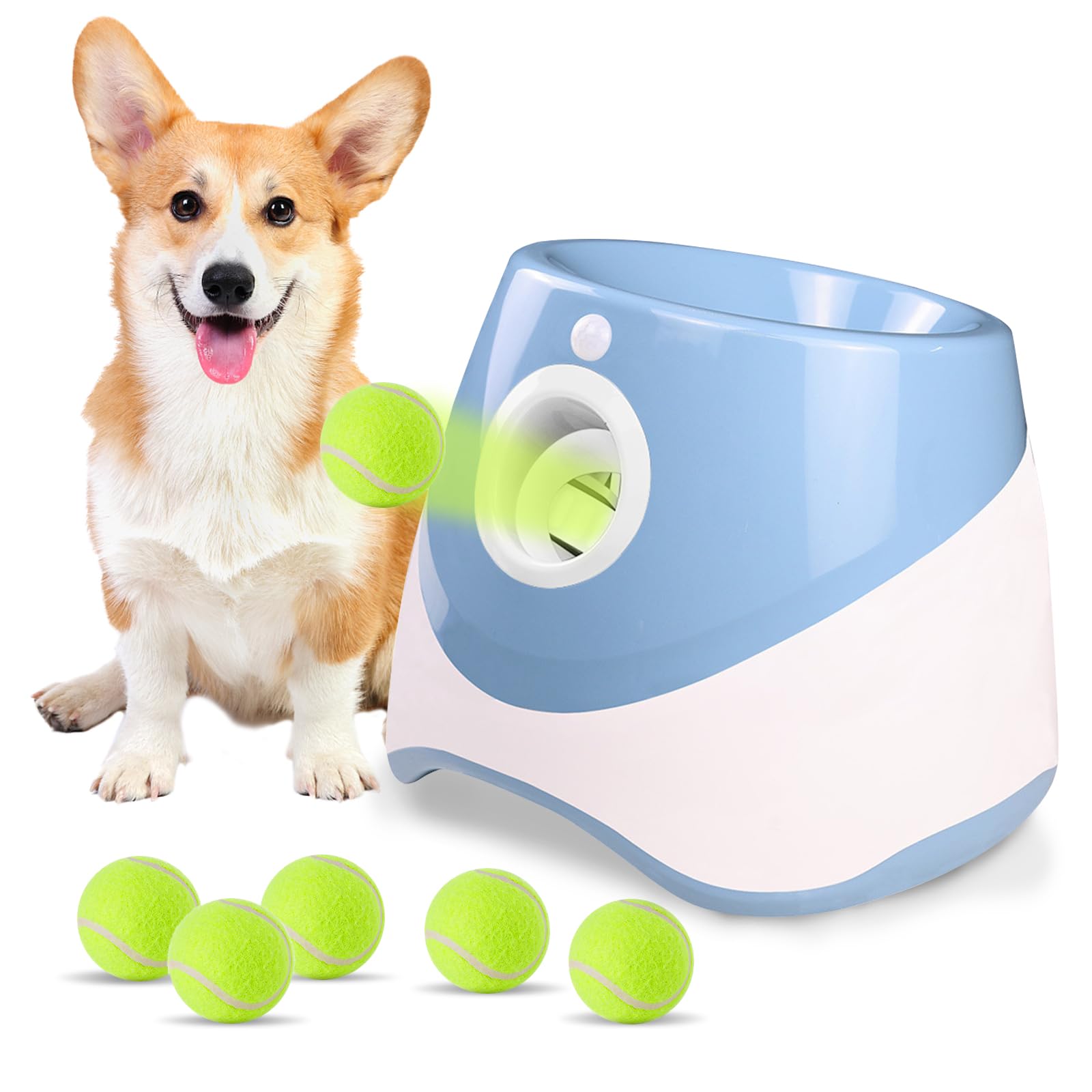 Galatée Lanzador Automático De Pelota, Pequeño Lanzador De Bolas Interactivo, Lanzacohadera Automática para Perros, Lanza De Pelota para Perros con 6 Mini Pelotas De Tenis(Azul)