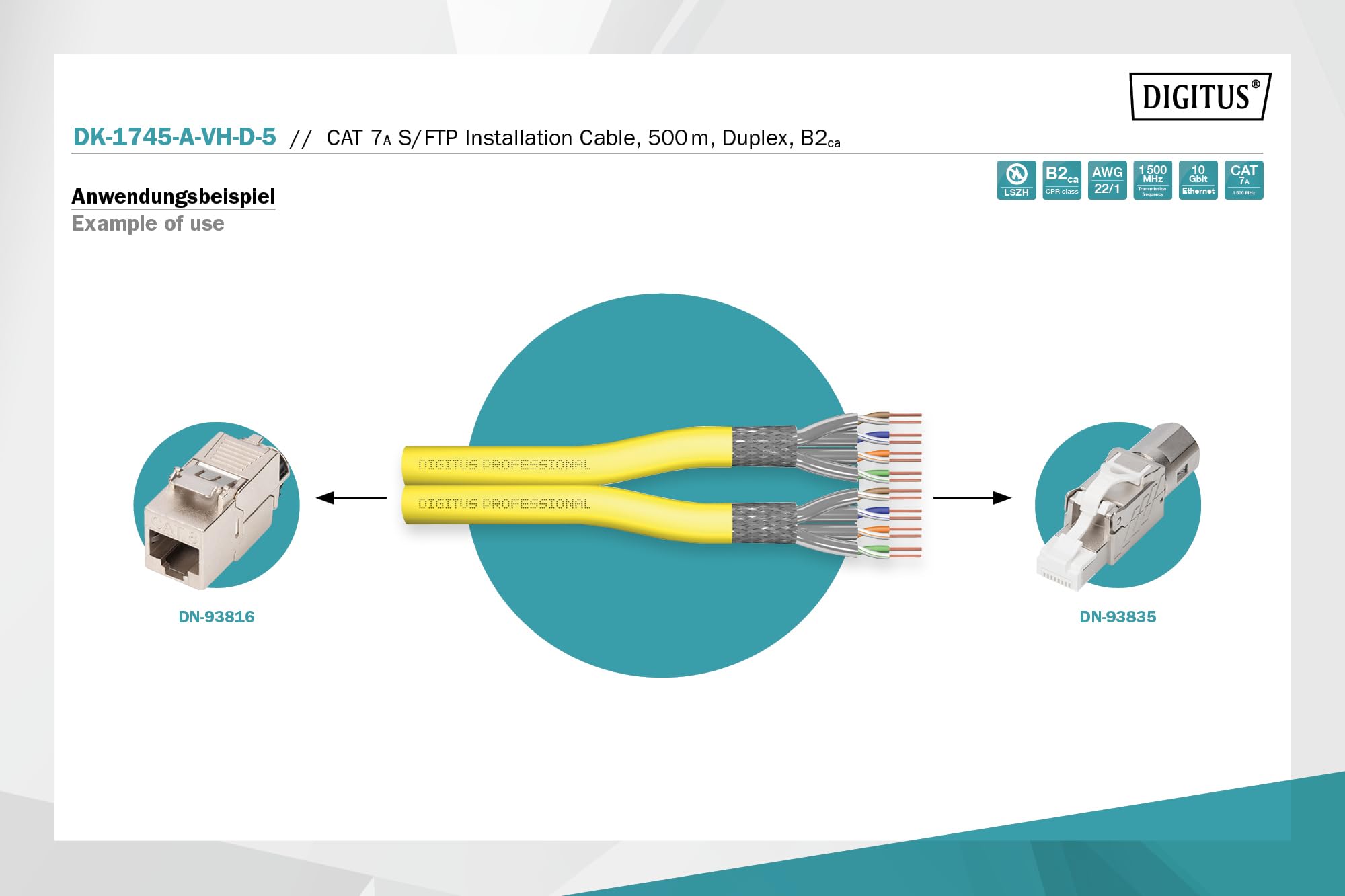 DIGITUS 500 m câble réseau Cat 7A - S-FTP (PiMF) Duplex - BauPVO B2ca - LSZH sans halogène - 1500 MHz cuivre AWG 22/1 - Compatible PoE++ - Câble LAN Câble de pose Câble Ethernet - Jaune