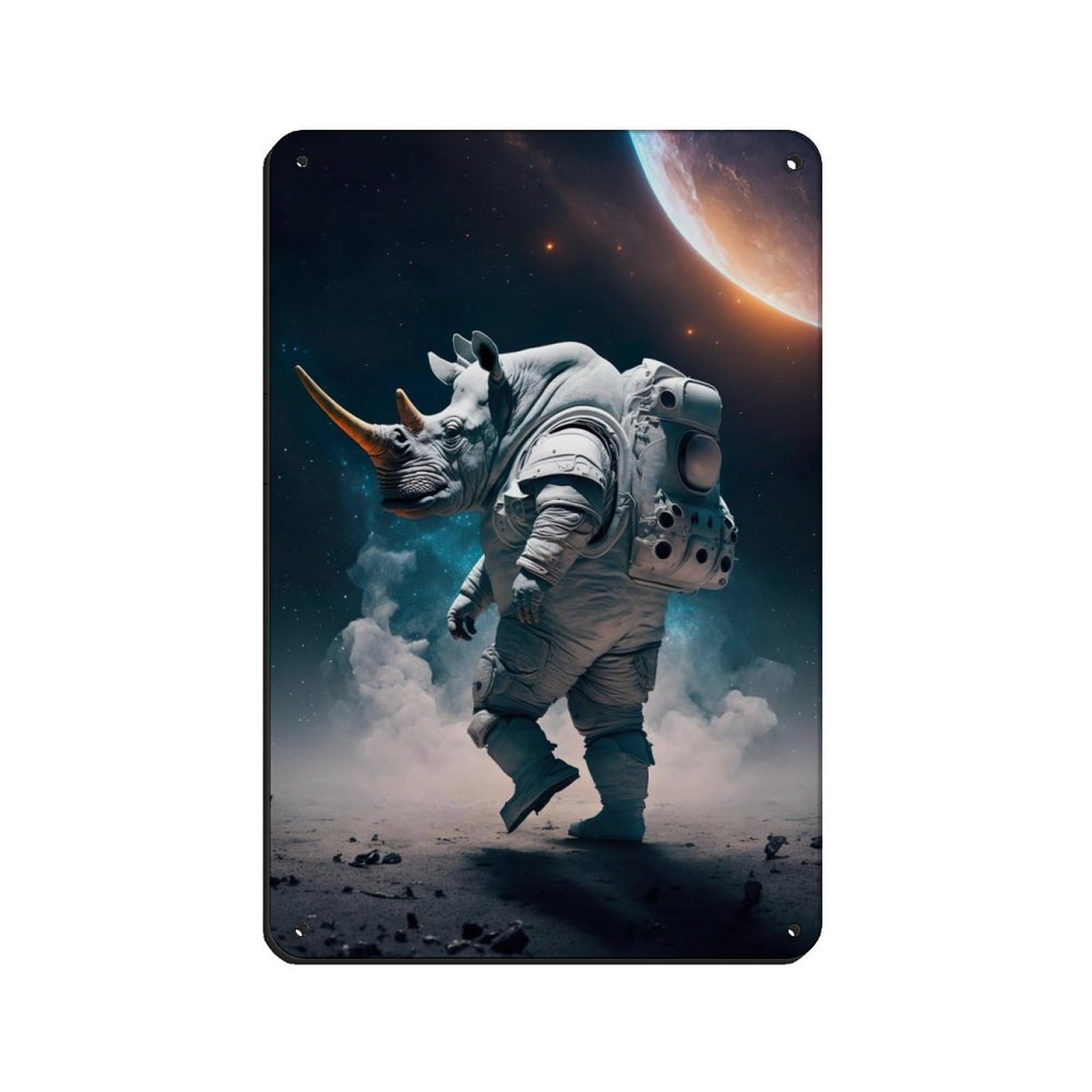Astronaut Rhino, Futuristic Animal Tin Sign Vintage Metal Pub Club Cafe Bar Home Wall Art Decoration Poster Retro 8x12inch(20x30cm)
