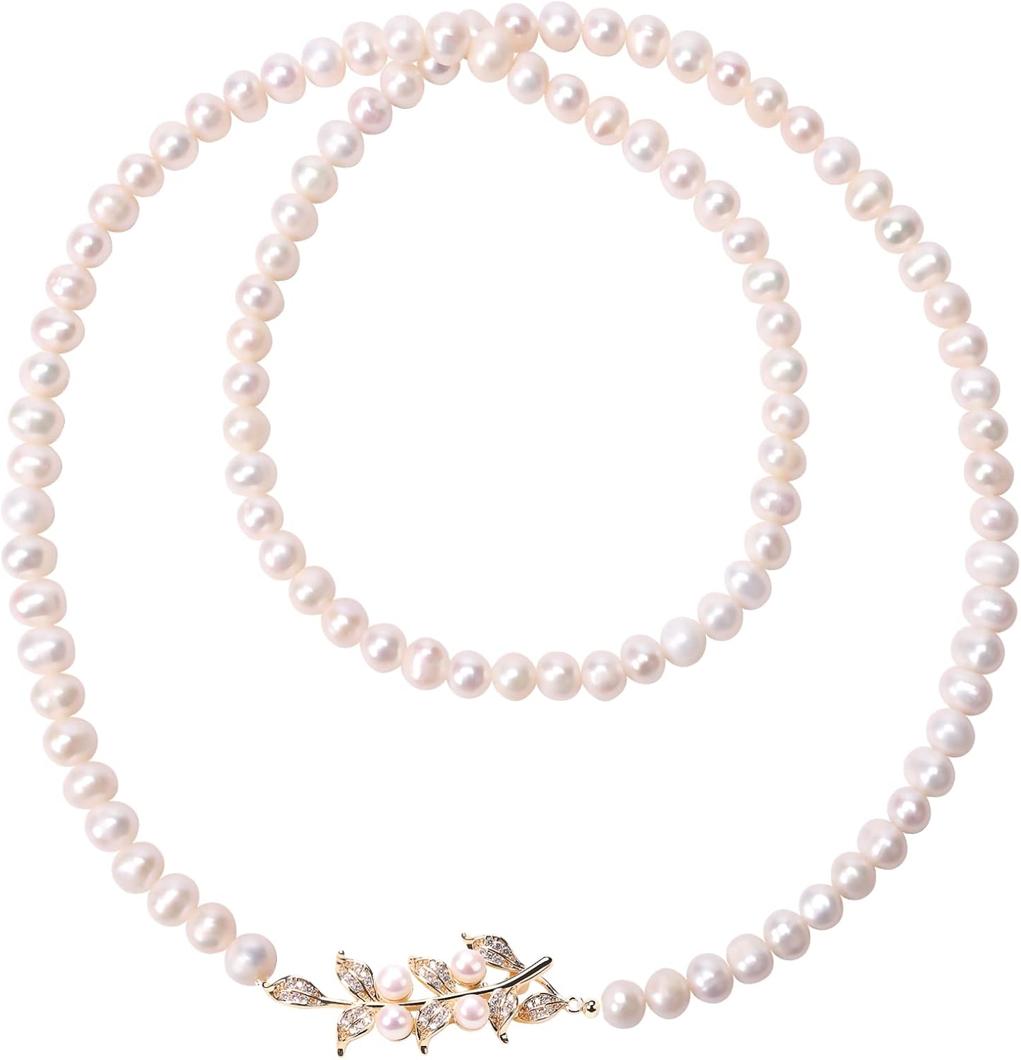 Jirehjill Pearl Necklace for Women, 30 inches Pearl Necklace Made of 7.0-8.0mm AAA+ Freshwater White Pearls, Handmade 18K Gold Plated Inlaid Pearl