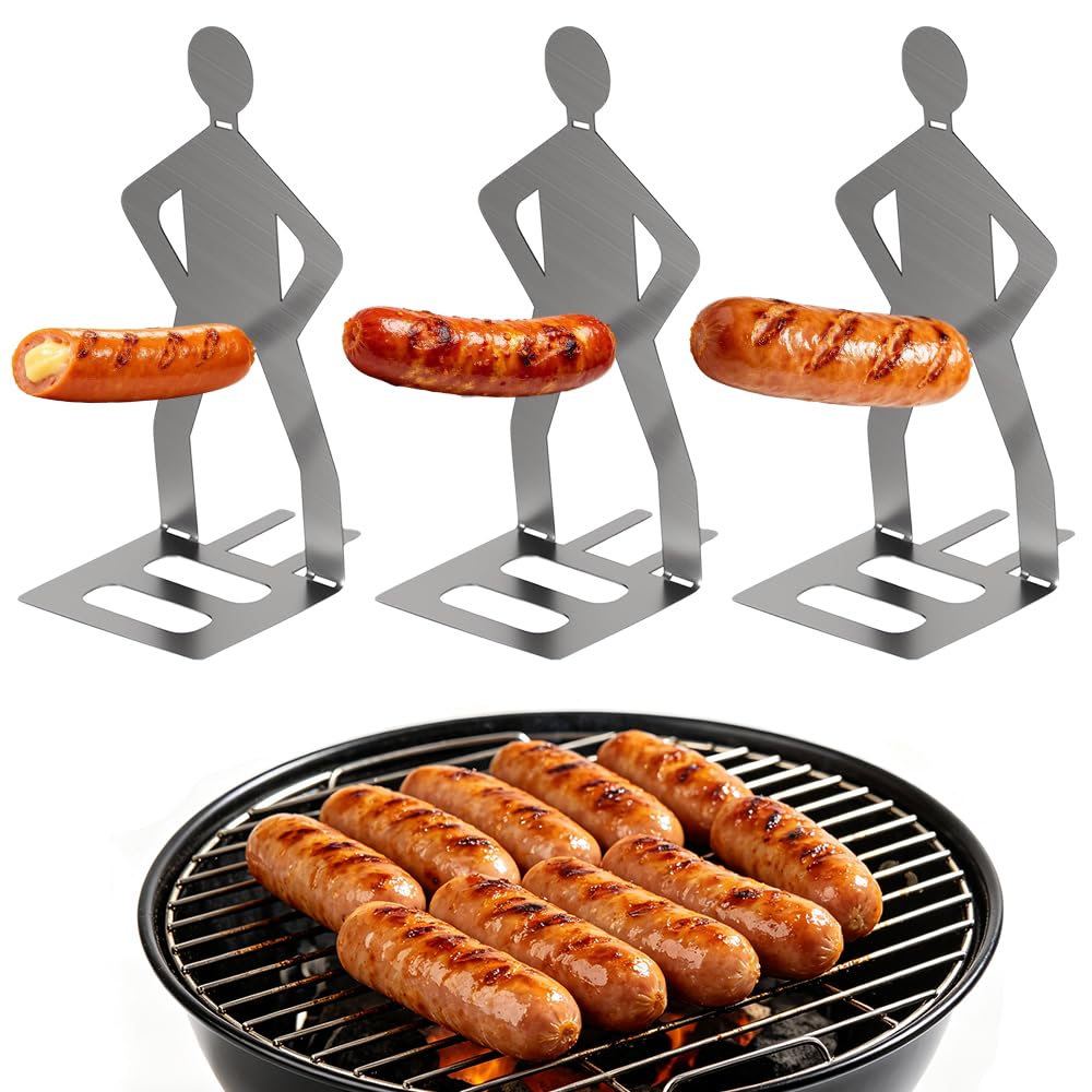 ChongYue 3Pcs Stainless Steel BBQ Sausage Holder, Human-Shaped Hot Dog Grill Rack, Reusable Novelty BBQ Gadget, Portable Outdoor Barbecue Cooking Accessory, Funny BBQ Gift for Men Dad Grill Lovers