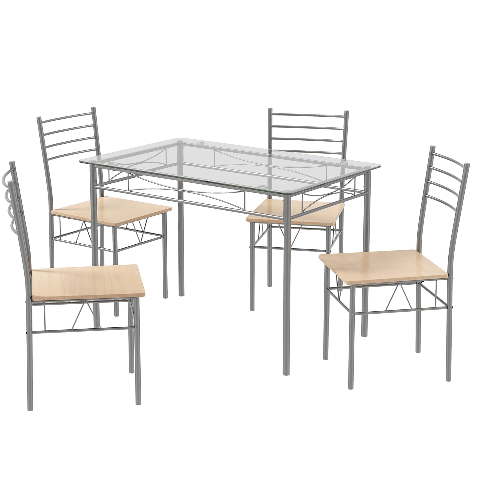 HOMASIS Set da Pranzo con Tavolo e 4 Sedie, Tavolo Vetro, Gambe in Metallo, Tavolo da Pranzo con Sedie Salvaspazio e Robusto per Soggiorno, Bar, Marrone Chiaro