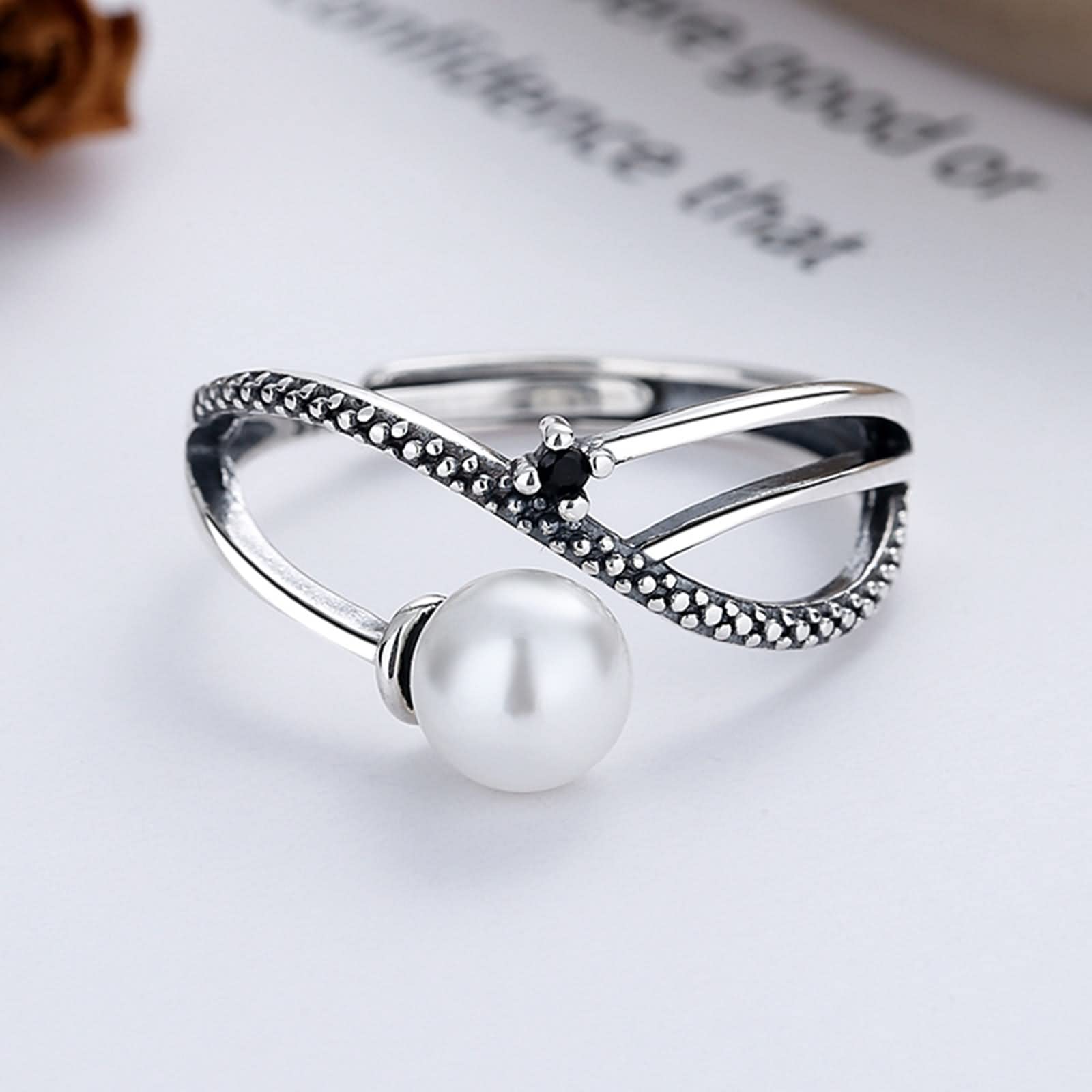 Anello di Fidanzamento in Argento Sterling, Anelli per Gioielli da Donna FEDI Nuziali in Filato Intrecciato Multistrato con Perle di zirconi Neri Misura Regolabile
