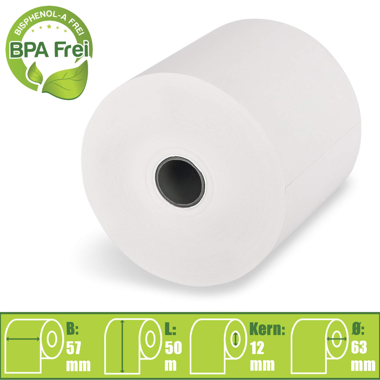 KK Verpackungen Thermorollen 57mm x 50m x 12mm | 400 x Rollen Bonrollen Ø63mm | BPA frei 55g/m² Thermopapier | Kassenrollen für Registrierkassen & Kassensysteme | Thermobonrollen