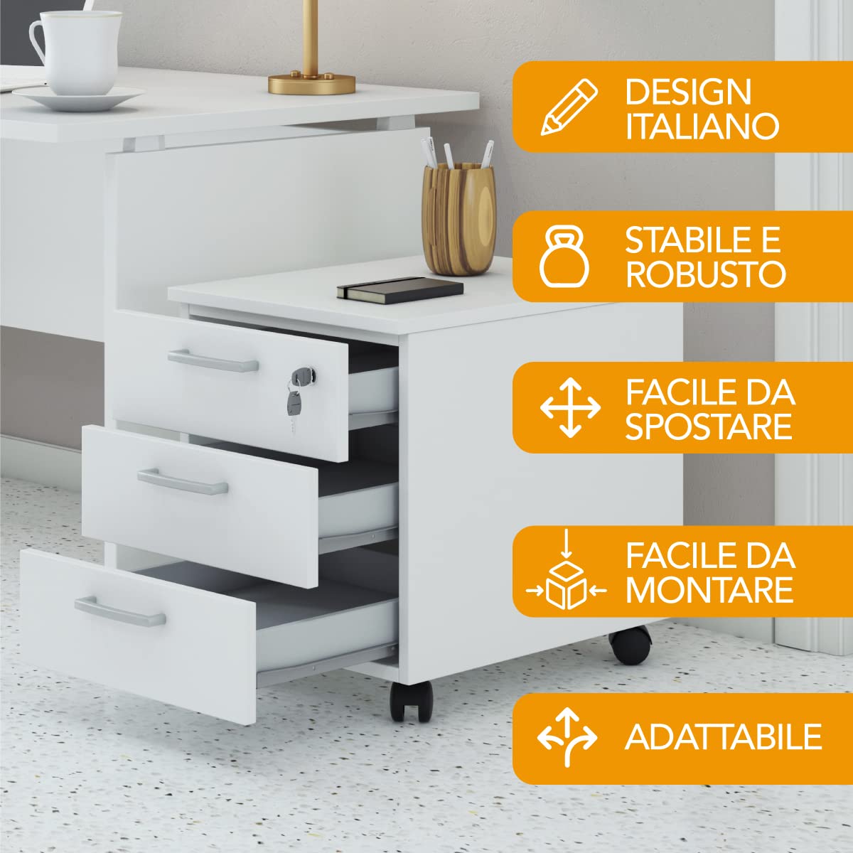 One Living Cassettiera da Ufficio con Rotelle, Tre Ampi Cassetti - Montaggio Facile - Elegante e Pratica Soluzione per Organizzare il Tuo Spazio di Lavoro (L 42 x P 56 x H 51 cm, Bianco)