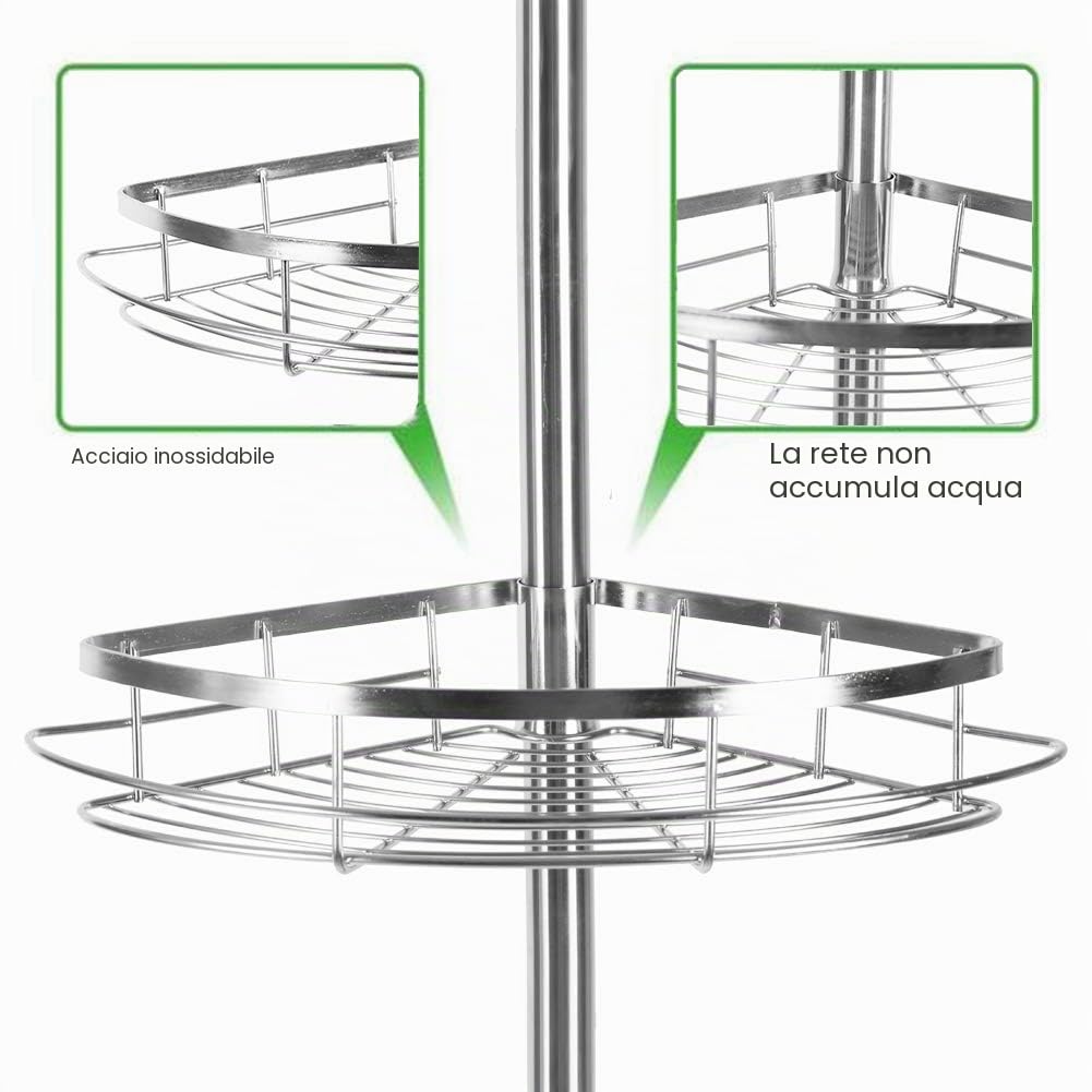 Mensola da doccia telescopica con 4 ripiani, in acciaio inox, senza foratura, regolabile in altezza da 110 a 280 cm, colore argento