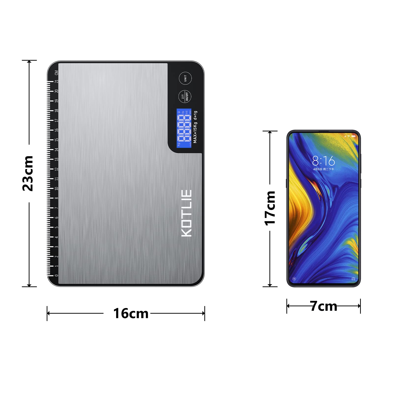 Digital Kitchen Scale, KOTLIE Food Scale 15KG/33LBS Measures in Grams and Ounces 6 Units Conversion, Stainless Steel Precision Scales for Baking & Cooking with Measuring Ruler(2AAA Battery Include)