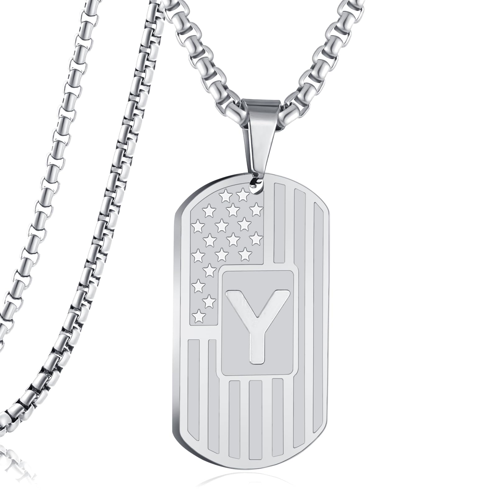 RWQIAN American Flag Initial Dog Tag Necklace for Men Boys, Stainless Steel Letter A-Z with 24 Inch Chain Military Pendant Jewelry Gift for Valentine's Birthday Christmas Anniversary Fathers Day