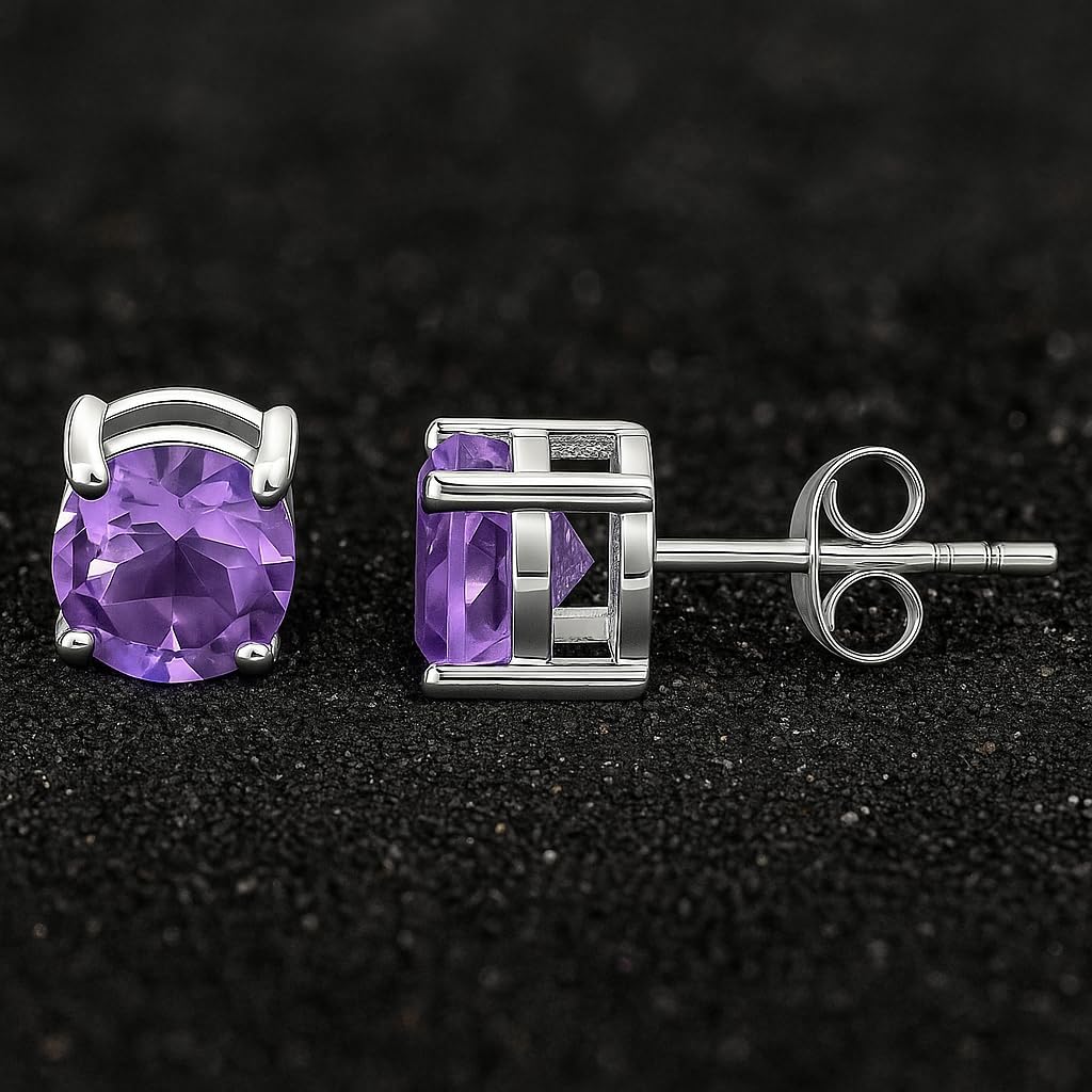 Sechi Genuine Amethyst Stud Earrings in 925 Sterling Silver | Hypoallergenic February Birthstone Earrings for Women | Classic Gemstone Jewelry Gift - Image 5