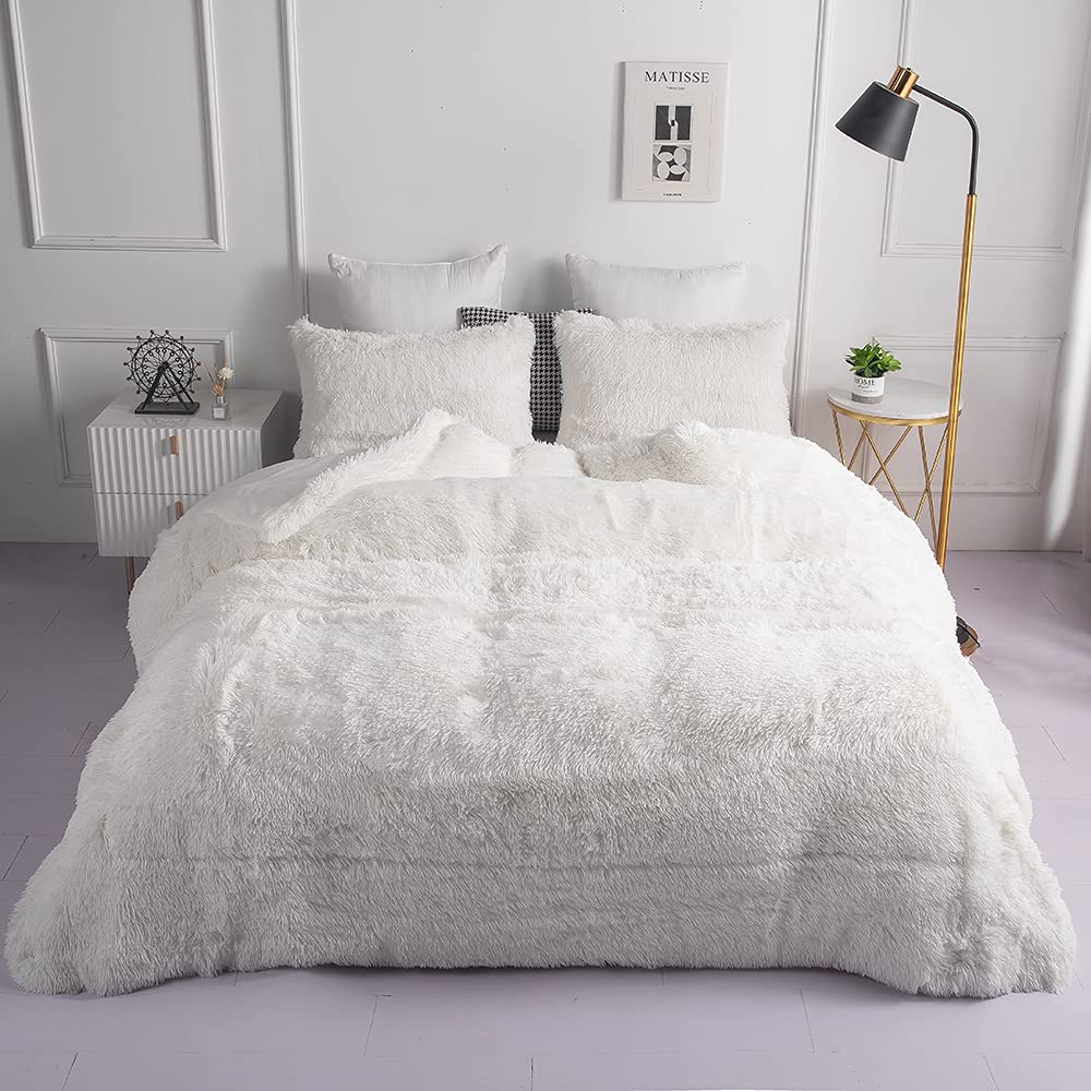 chovyFaux Fur Plush White Comforter Sets King - Ultra Soft Shaggy Flannel Velvet Fluffy Fuzzy 3PC Bedding Set （Comforter x 1 Pillowcases x 2）