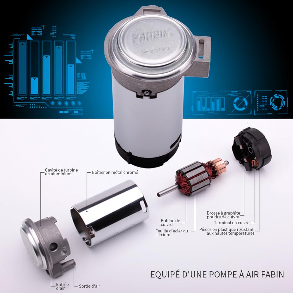 FARBIN Klaxon de Voiture 12V 150dB Puissant Klaxon à Air Chrome Zinc Klaxons de Camion Double Tube Trompette Argent avec Compresseur Pompe à Air Relais Faisceau Câble pour Tout 12V Voiture Camion Moto