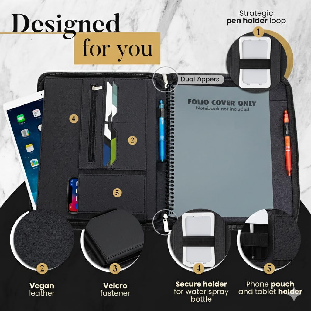 Luxury Folio Cover Compatible with Rocketbook Pro 2.0, Everlast, Wave, Fusion, Panda, Smart Reusable Notebook - Letter Size A4 Portfolio Organizer Multiple Pockets & Sections - Smart Notebook 8.5x11