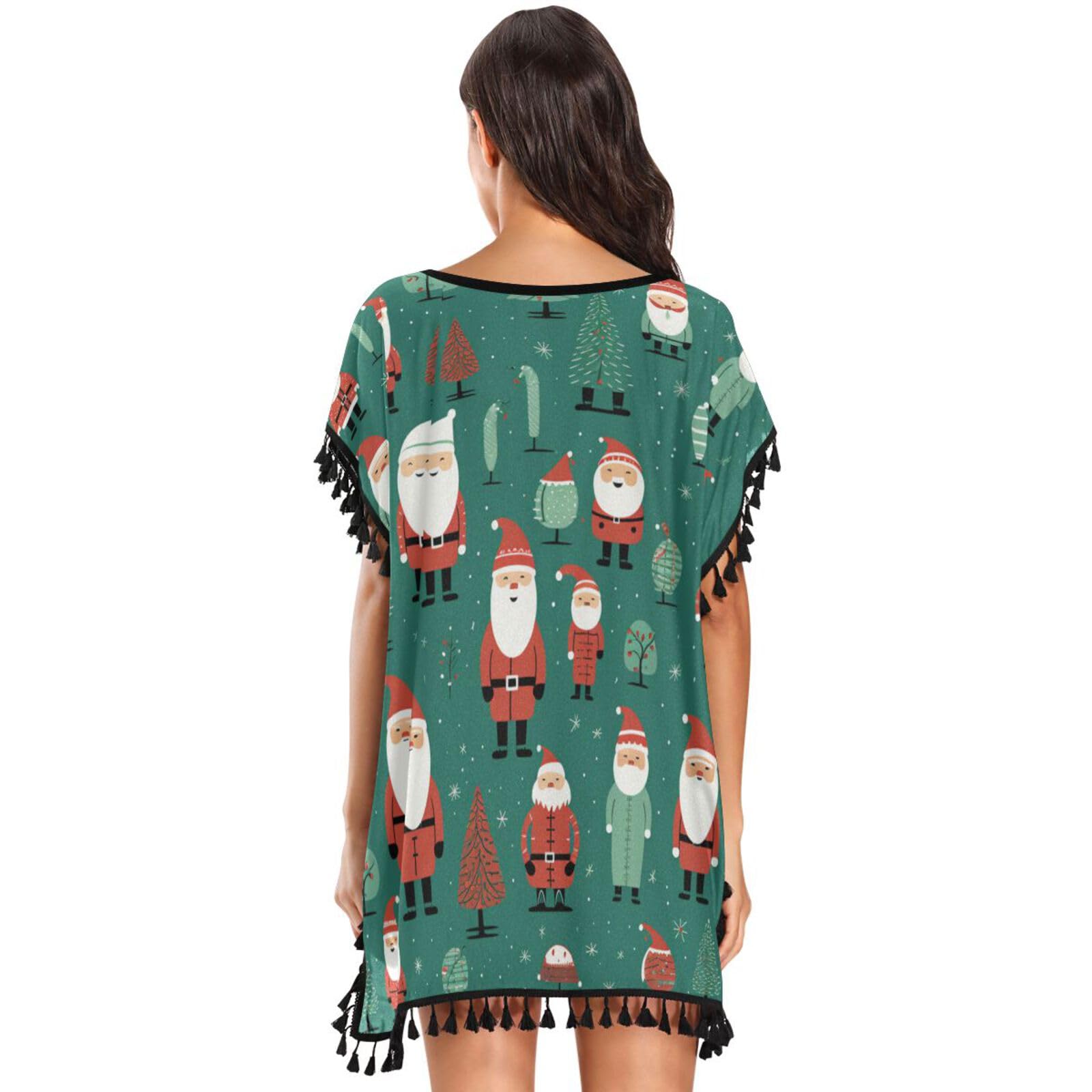 Green Santa Clauses Art Women's Beach Cover Up Chiffon Tassel Swimwear Swimsuit Coverups for Girl